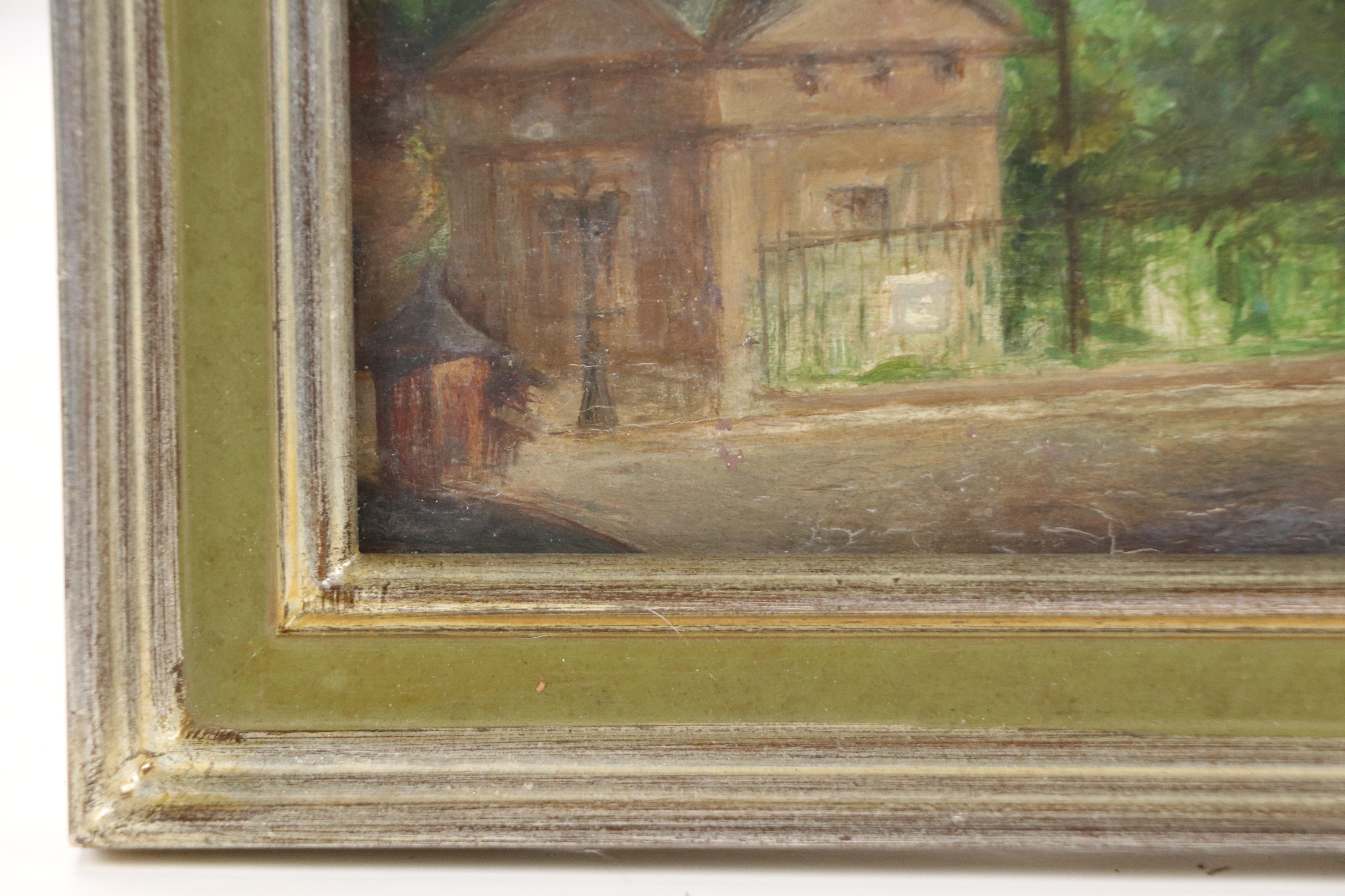 Landscape Oil Painting of European Town, Mid-20th century