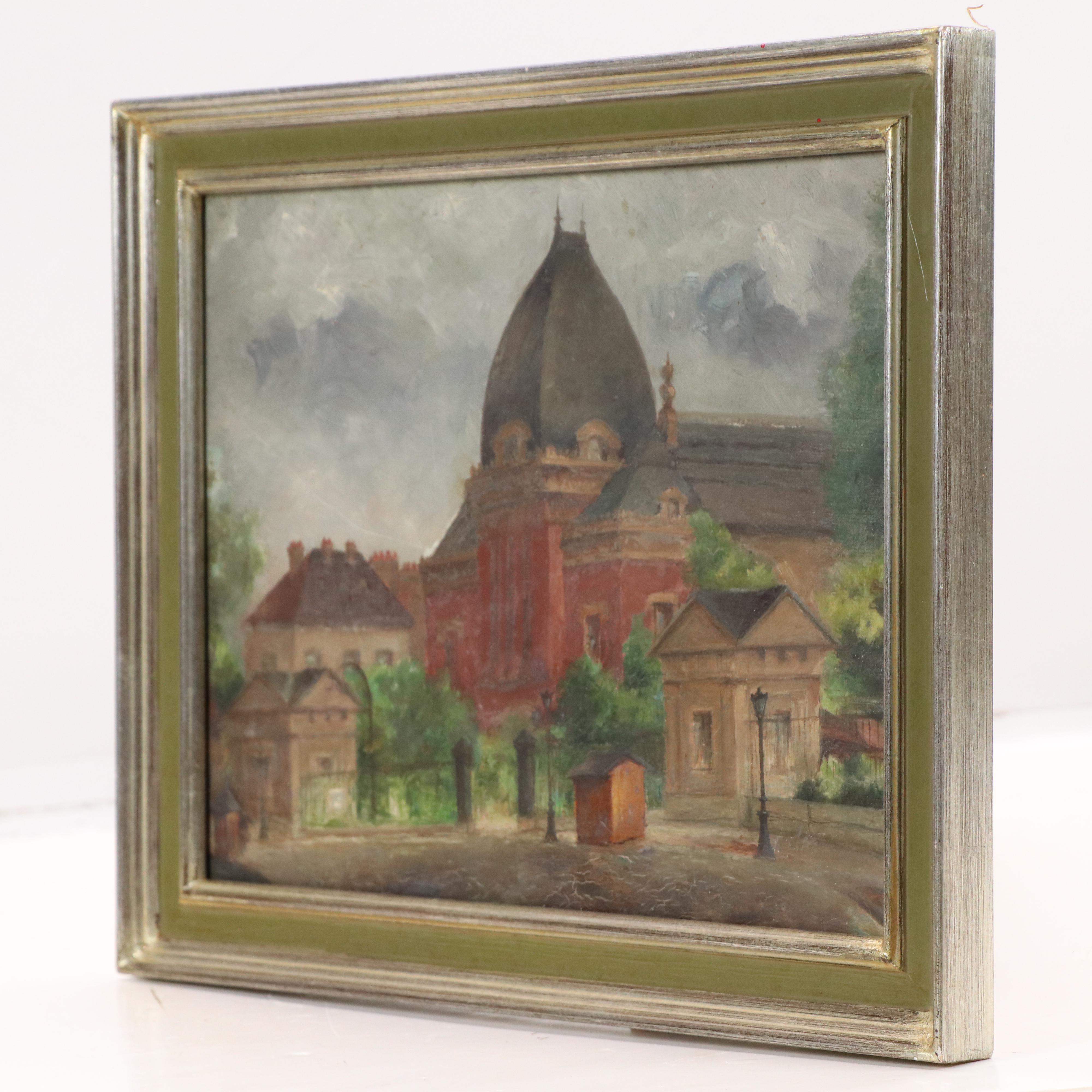 Landscape Oil Painting of European Town, Mid-20th century