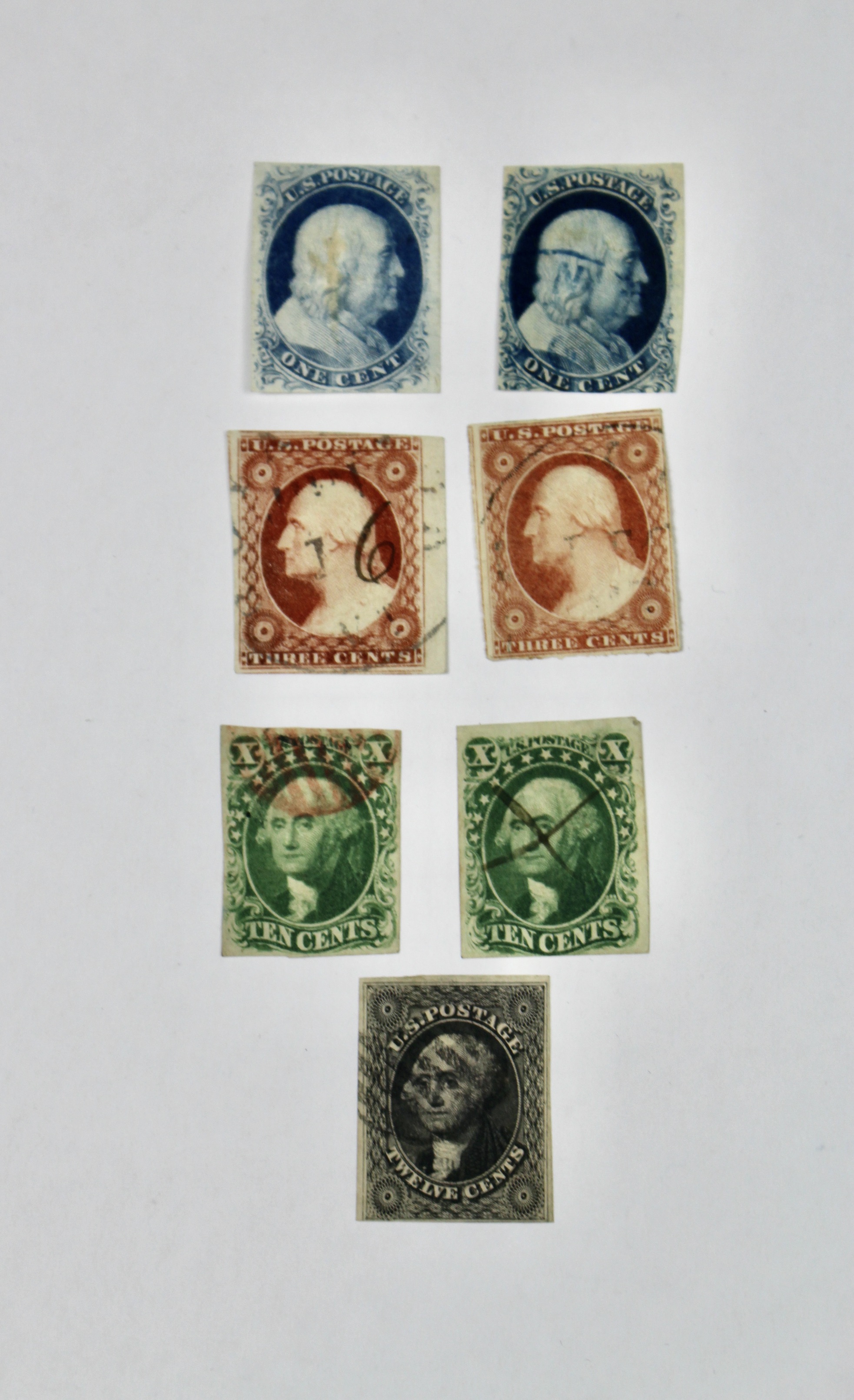 Seven Different Early Imperforate U.S. Postage Stamps