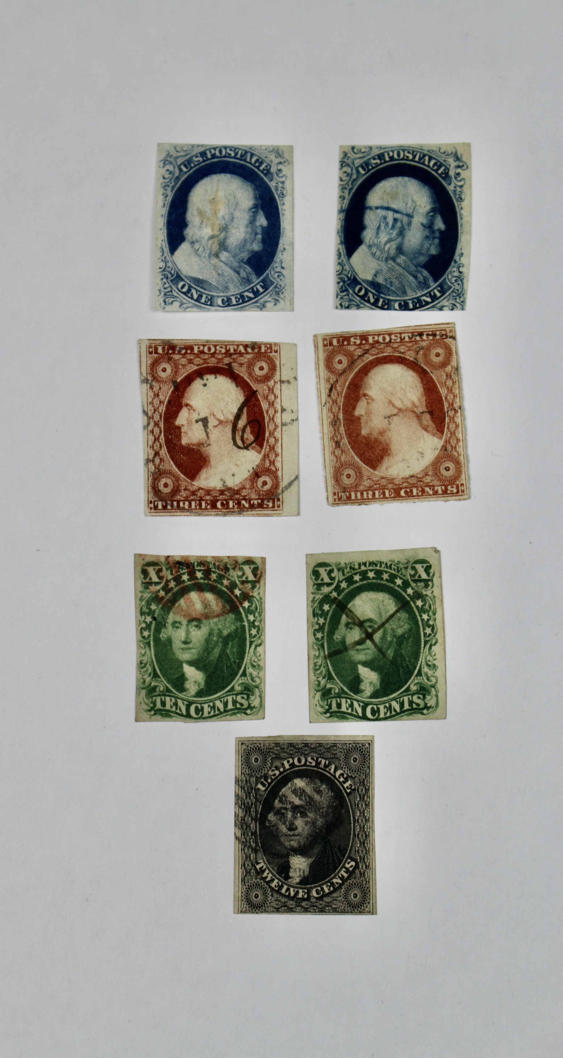 Seven Different Early Imperforate U.S. Postage Stamps