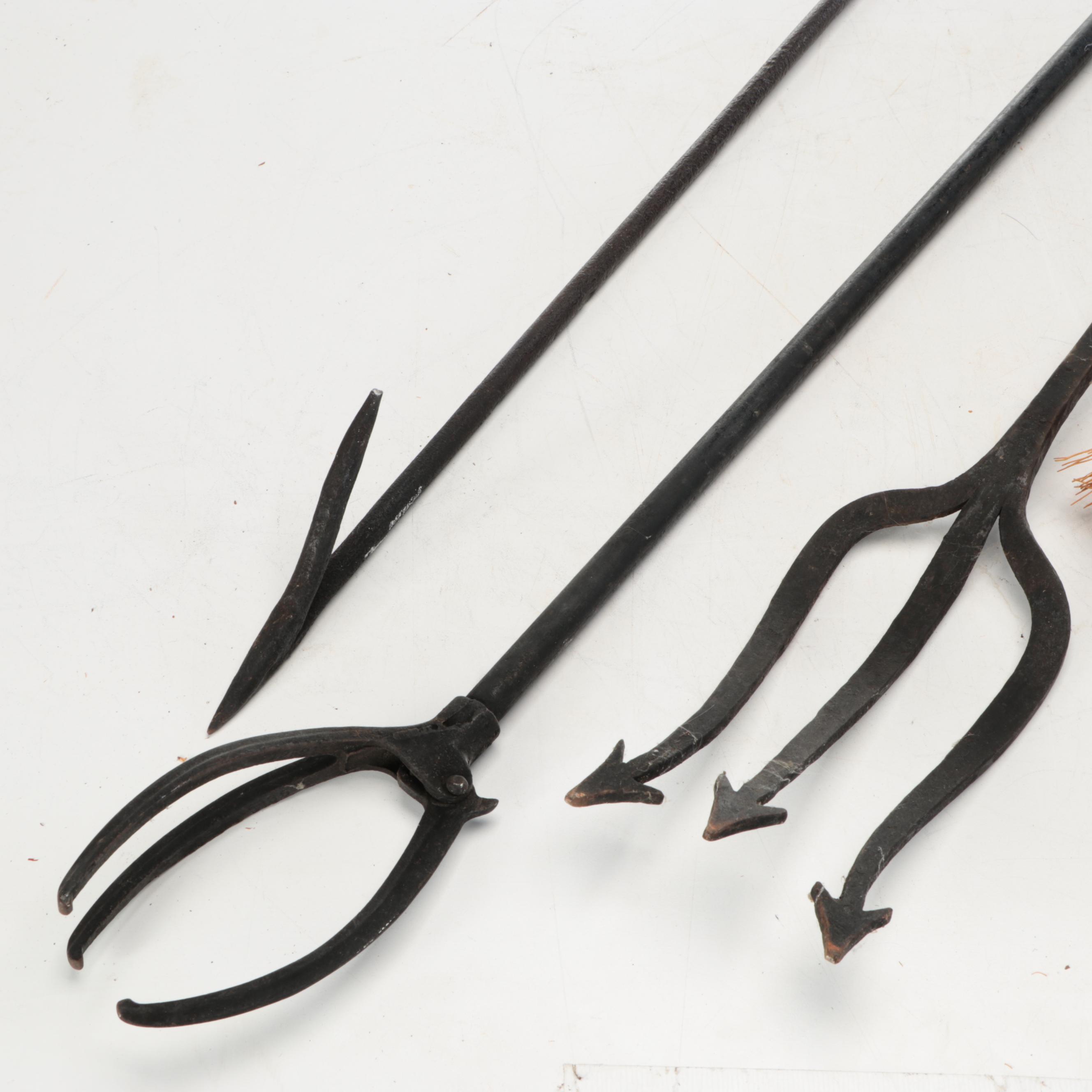 Arts & Crafts Style Wrought Iron Fireplace Tools and Straw Brooms, 20th Century