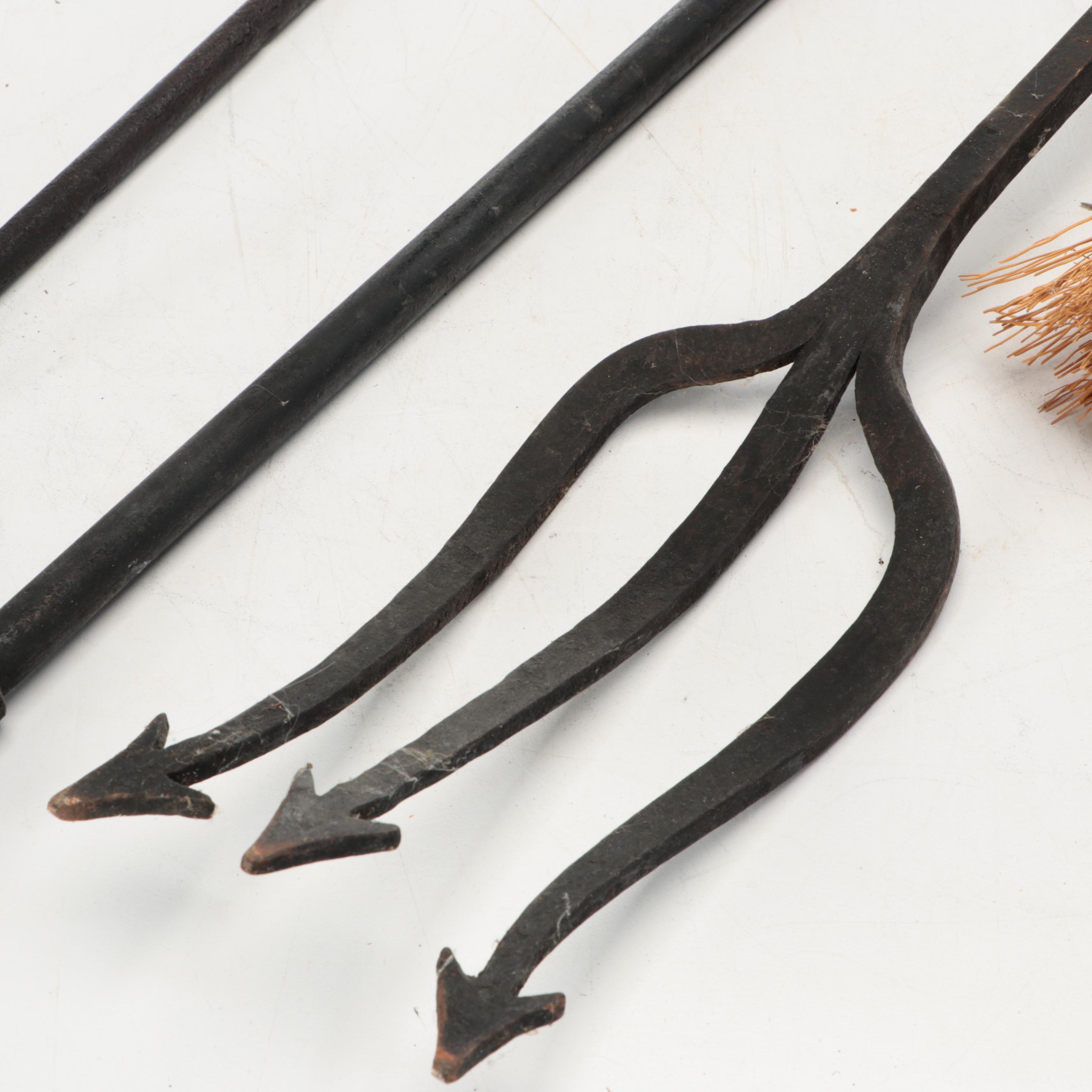 Arts & Crafts Style Wrought Iron Fireplace Tools and Straw Brooms, 20th Century