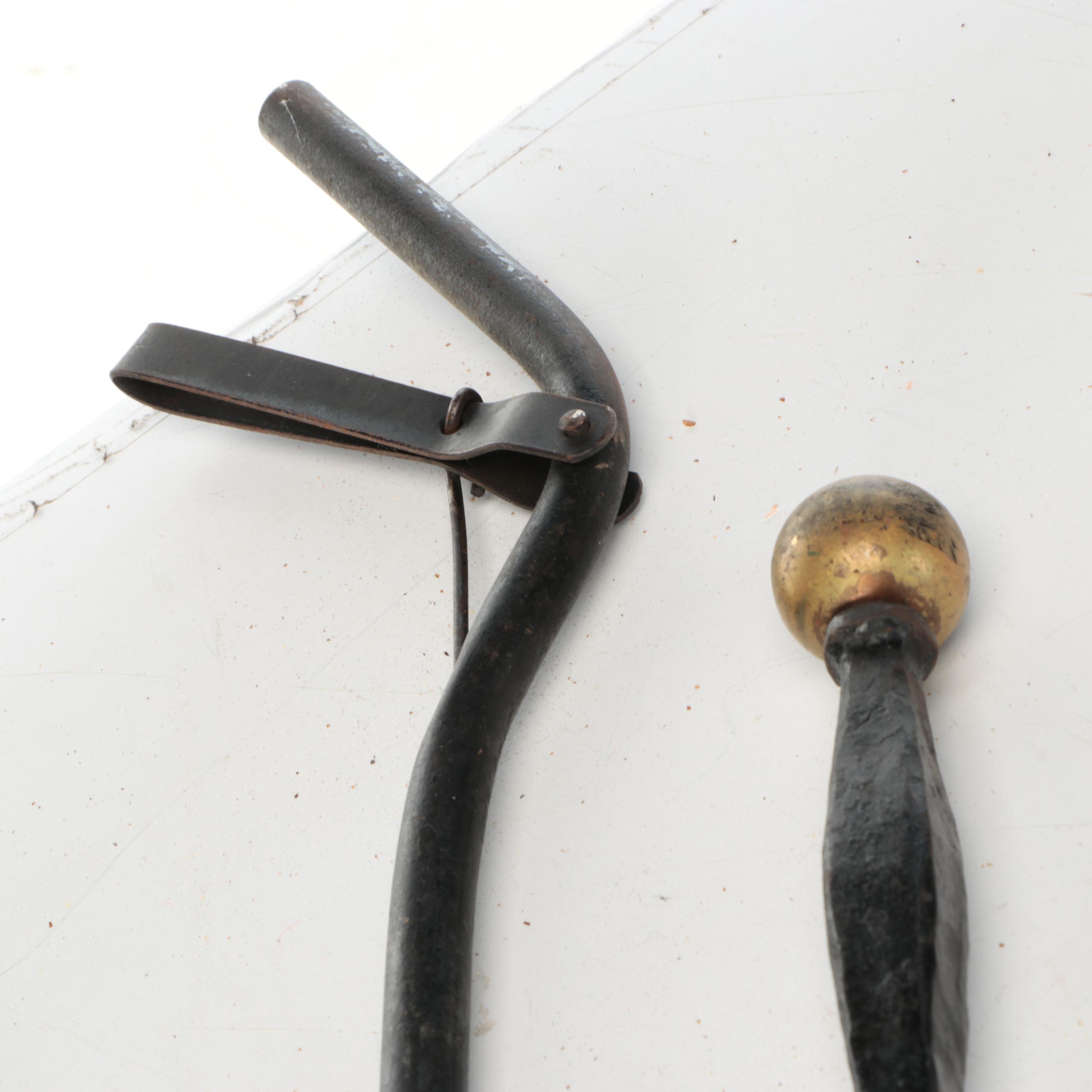 Arts & Crafts Style Wrought Iron Fireplace Tools and Straw Brooms, 20th Century