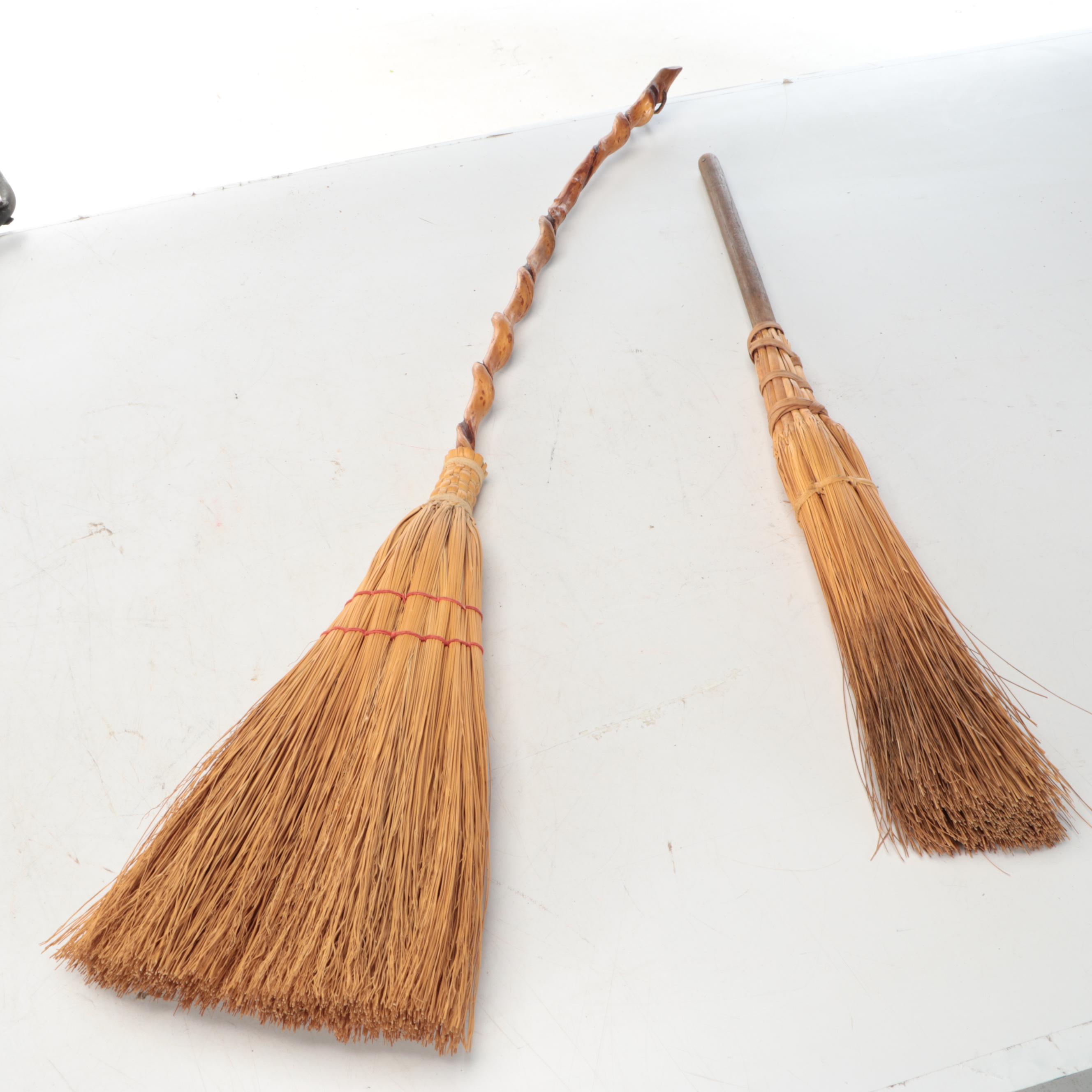 Arts & Crafts Style Wrought Iron Fireplace Tools and Straw Brooms, 20th Century