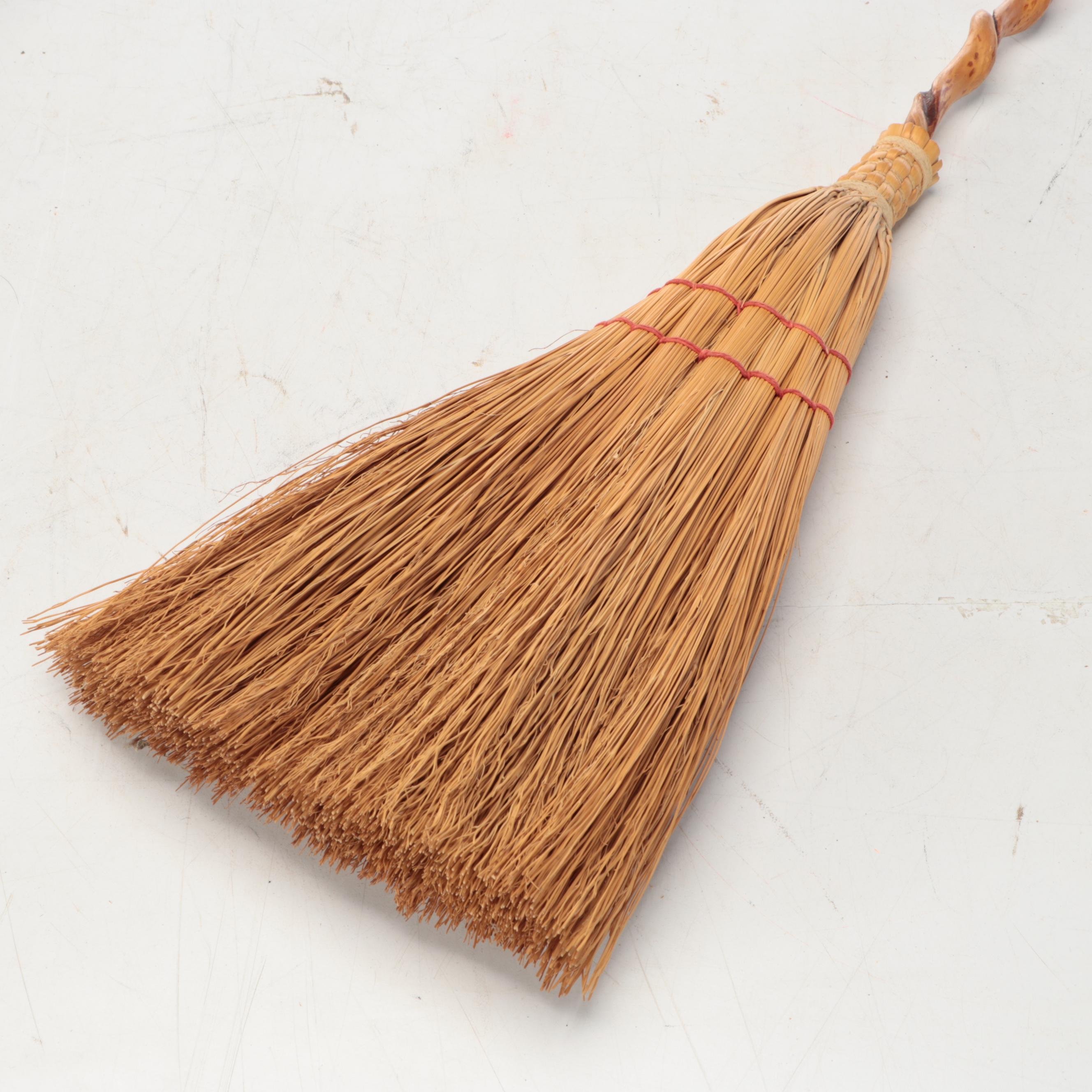 Arts & Crafts Style Wrought Iron Fireplace Tools and Straw Brooms, 20th Century