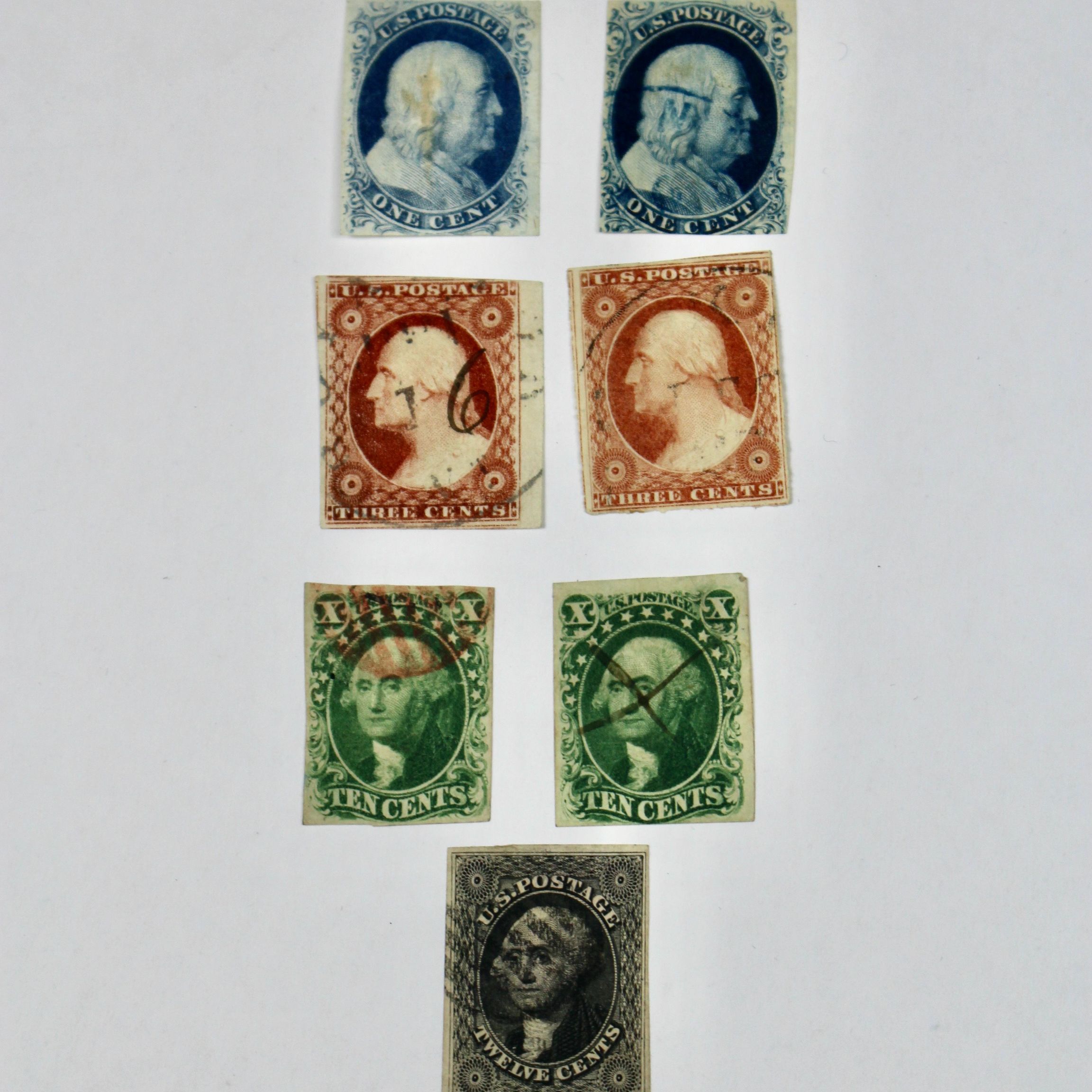 Seven Different Early Imperforate U.S. Postage Stamps