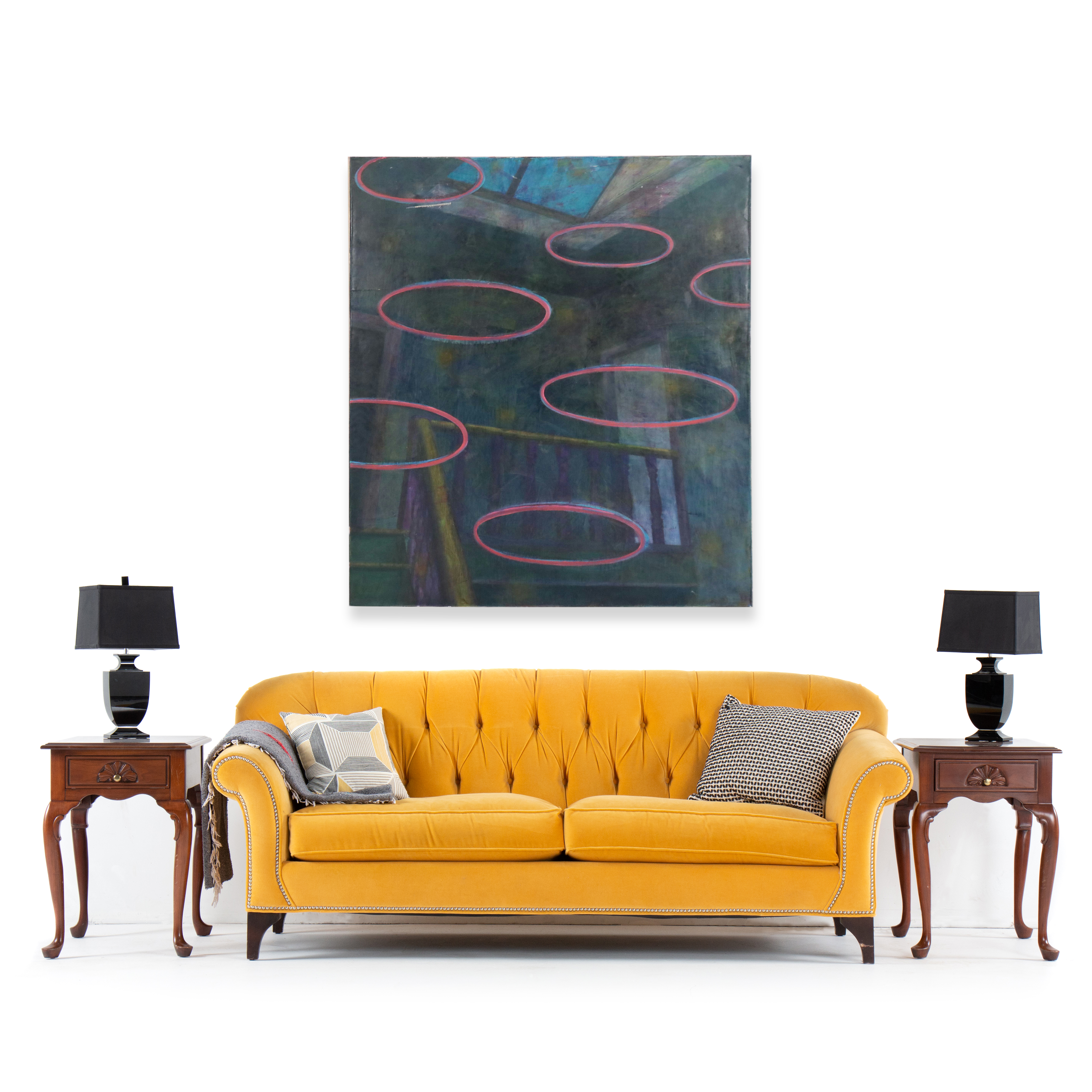 Kim Krause Monumental Oil Painting with Pink Ovals Over Interior Scene, 1997