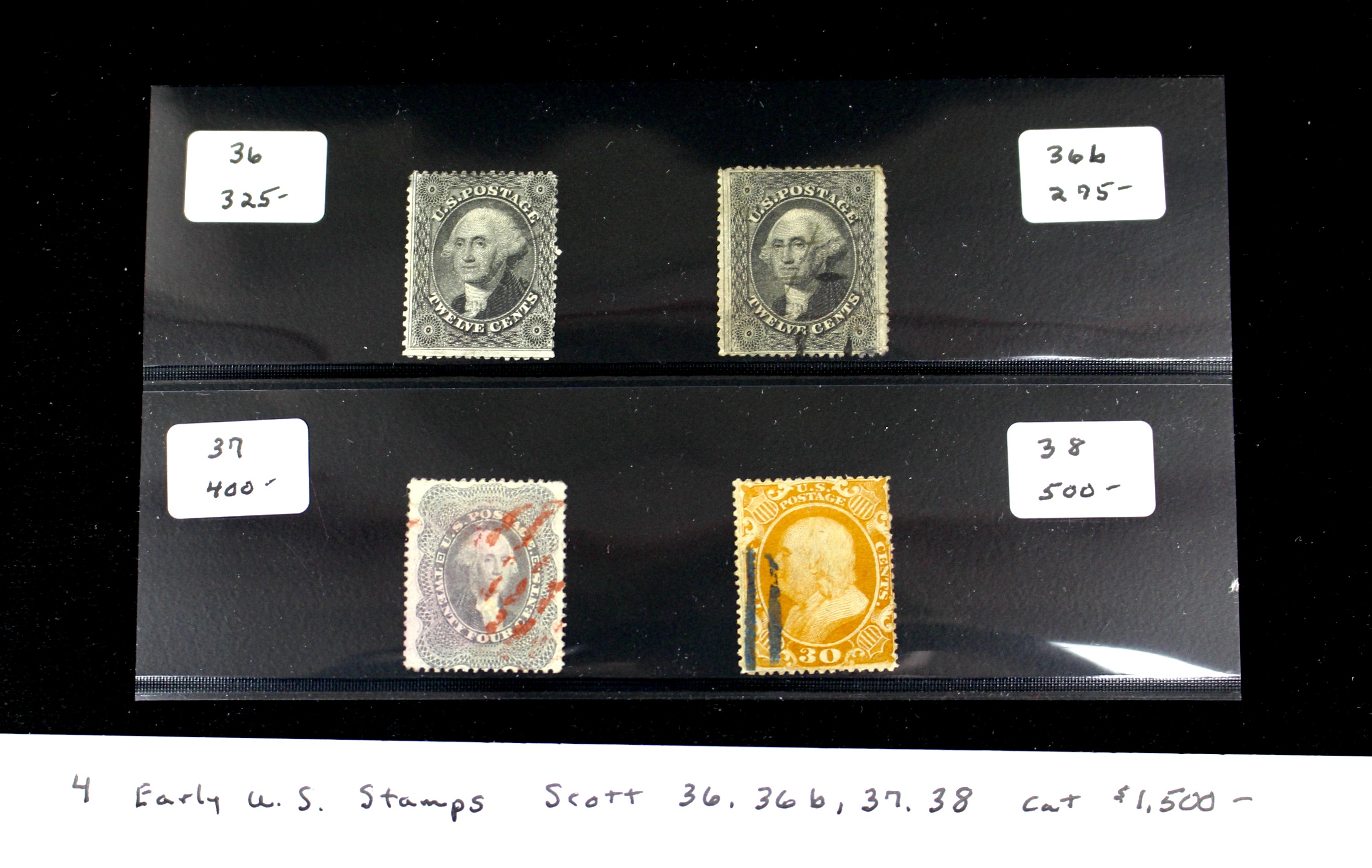 Four Early U.S. Postage Stamps, Scott 36, 36b, 37, and 38