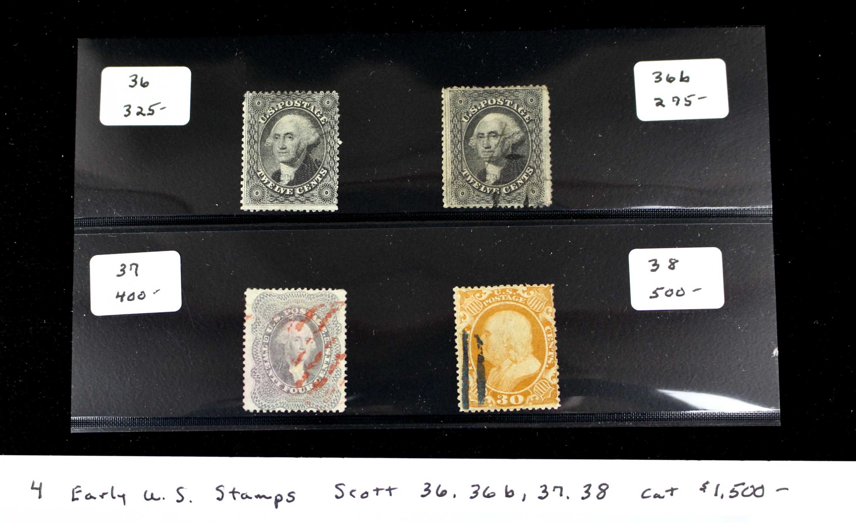 Four Early U.S. Postage Stamps, Scott 36, 36b, 37, and 38