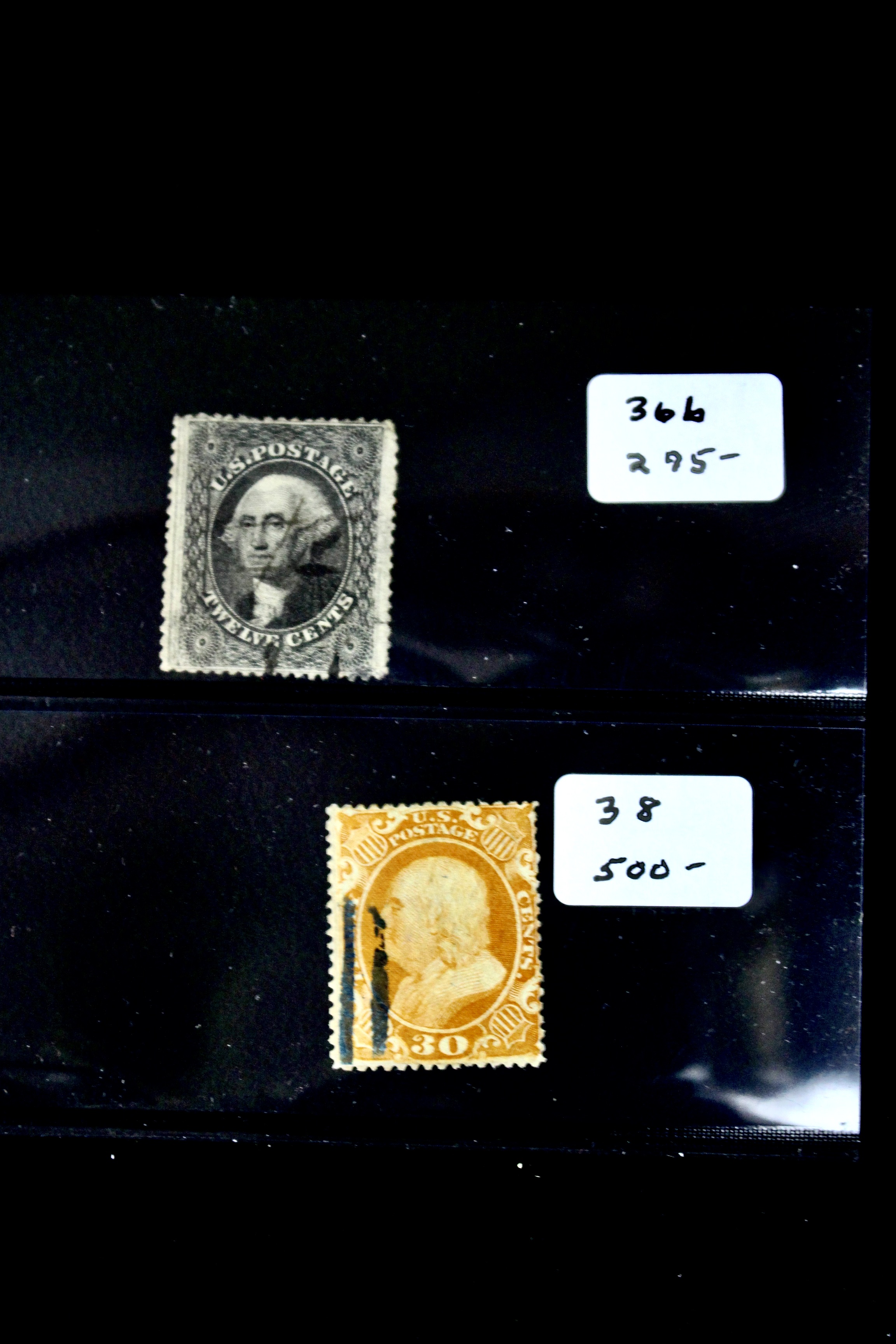Four Early U.S. Postage Stamps, Scott 36, 36b, 37, and 38