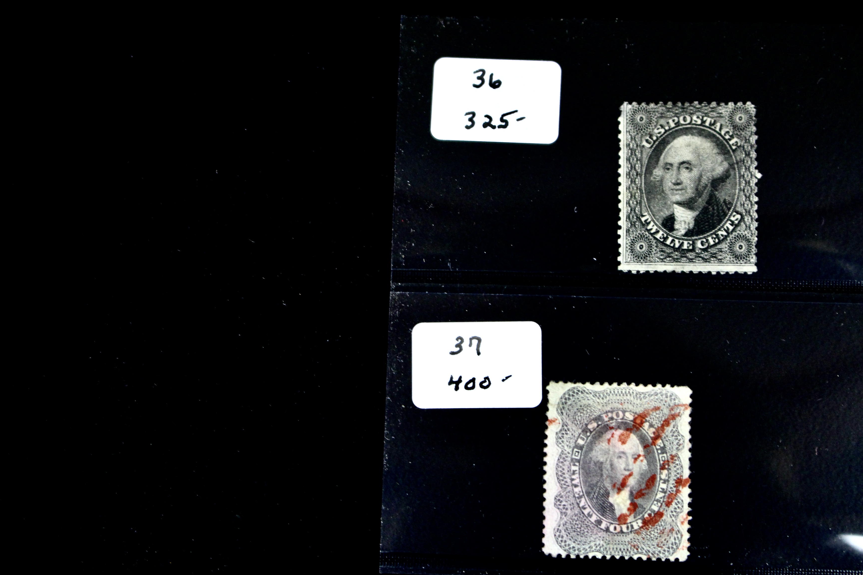 Four Early U.S. Postage Stamps, Scott 36, 36b, 37, and 38