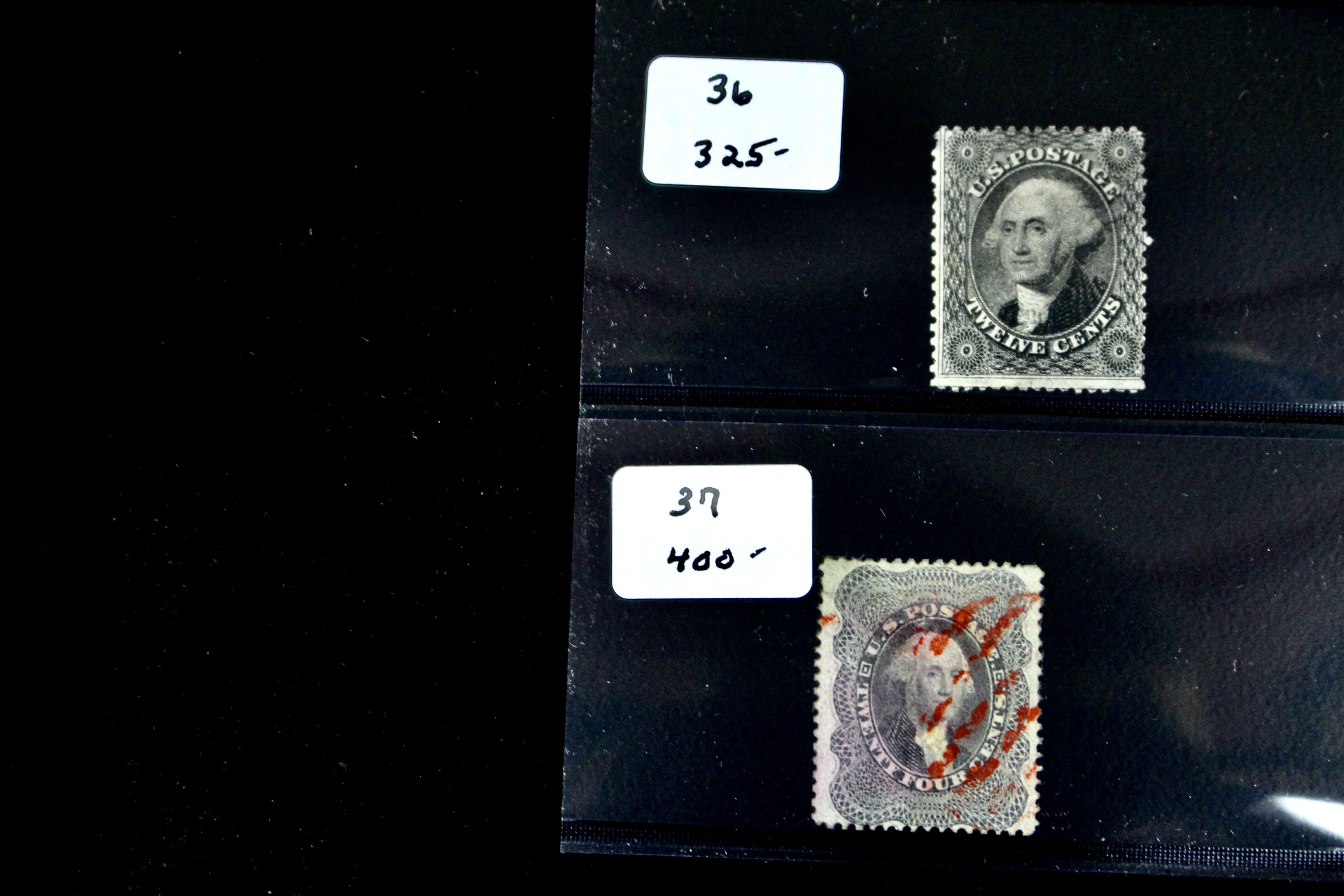 Four Early U.S. Postage Stamps, Scott 36, 36b, 37, and 38