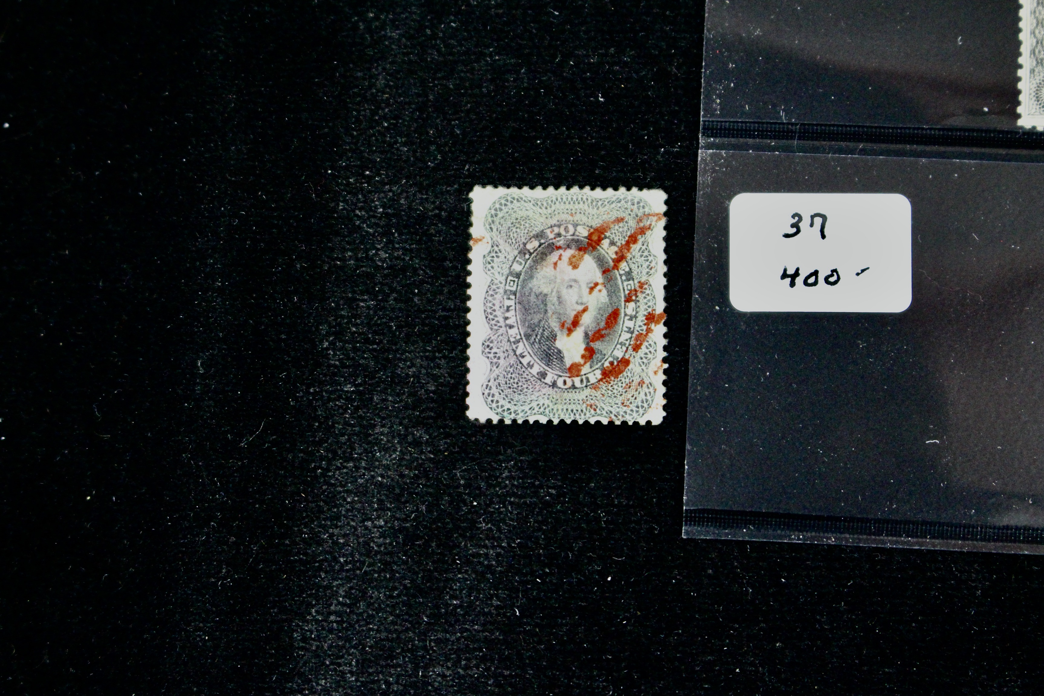 Four Early U.S. Postage Stamps, Scott 36, 36b, 37, and 38