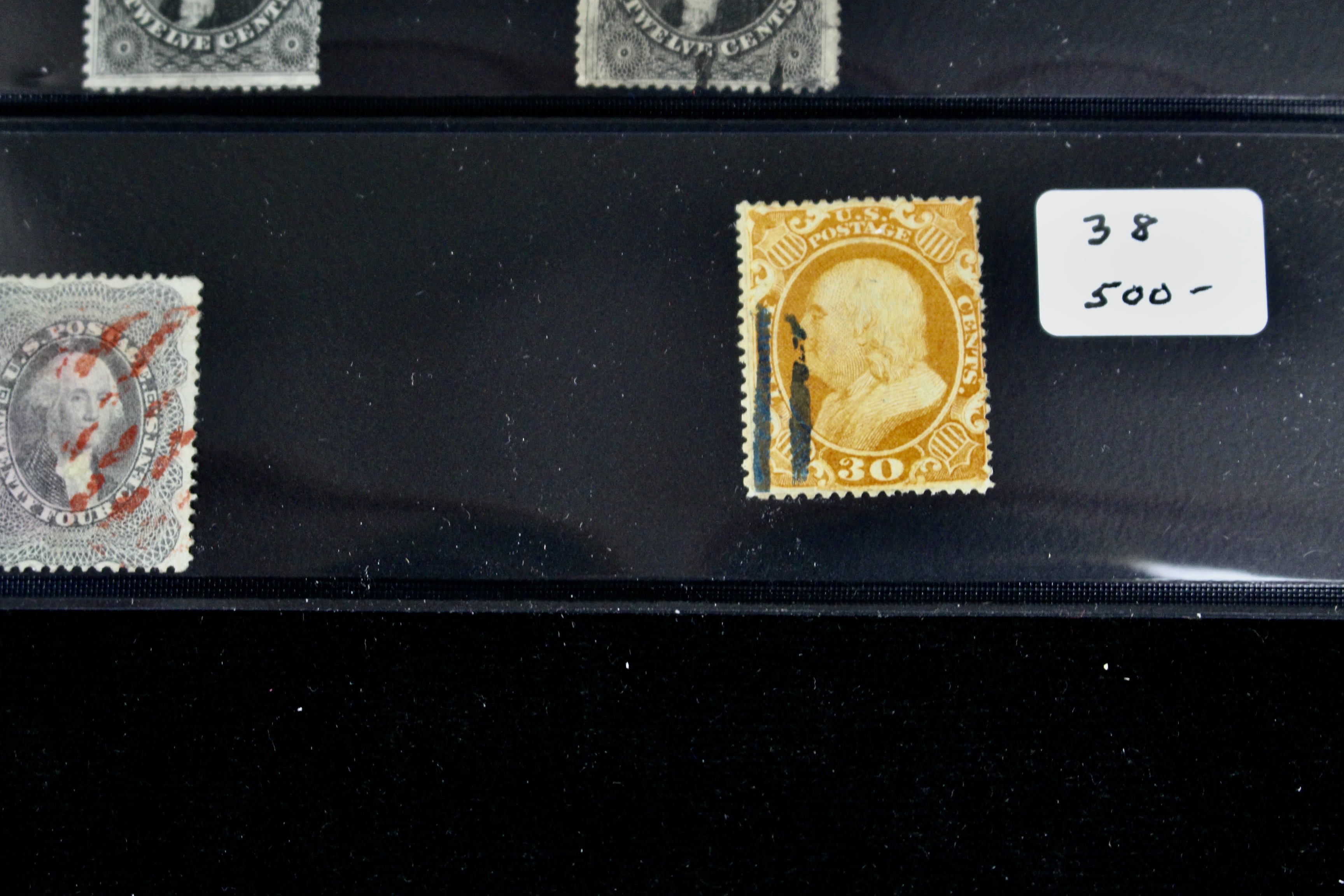 Four Early U.S. Postage Stamps, Scott 36, 36b, 37, and 38