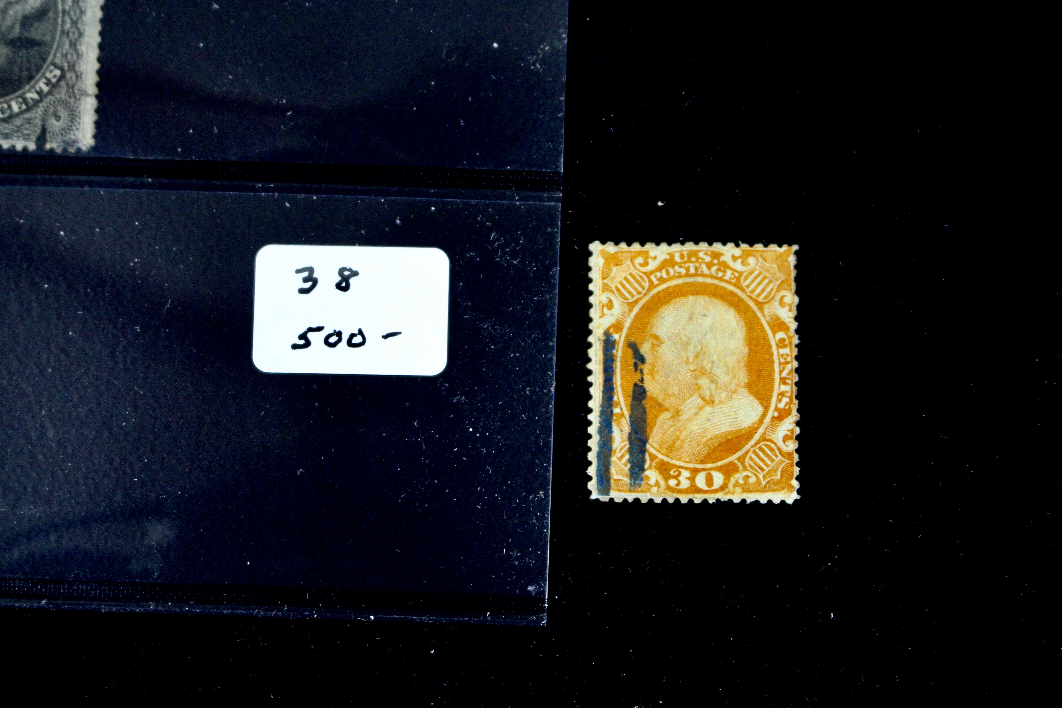 Four Early U.S. Postage Stamps, Scott 36, 36b, 37, and 38