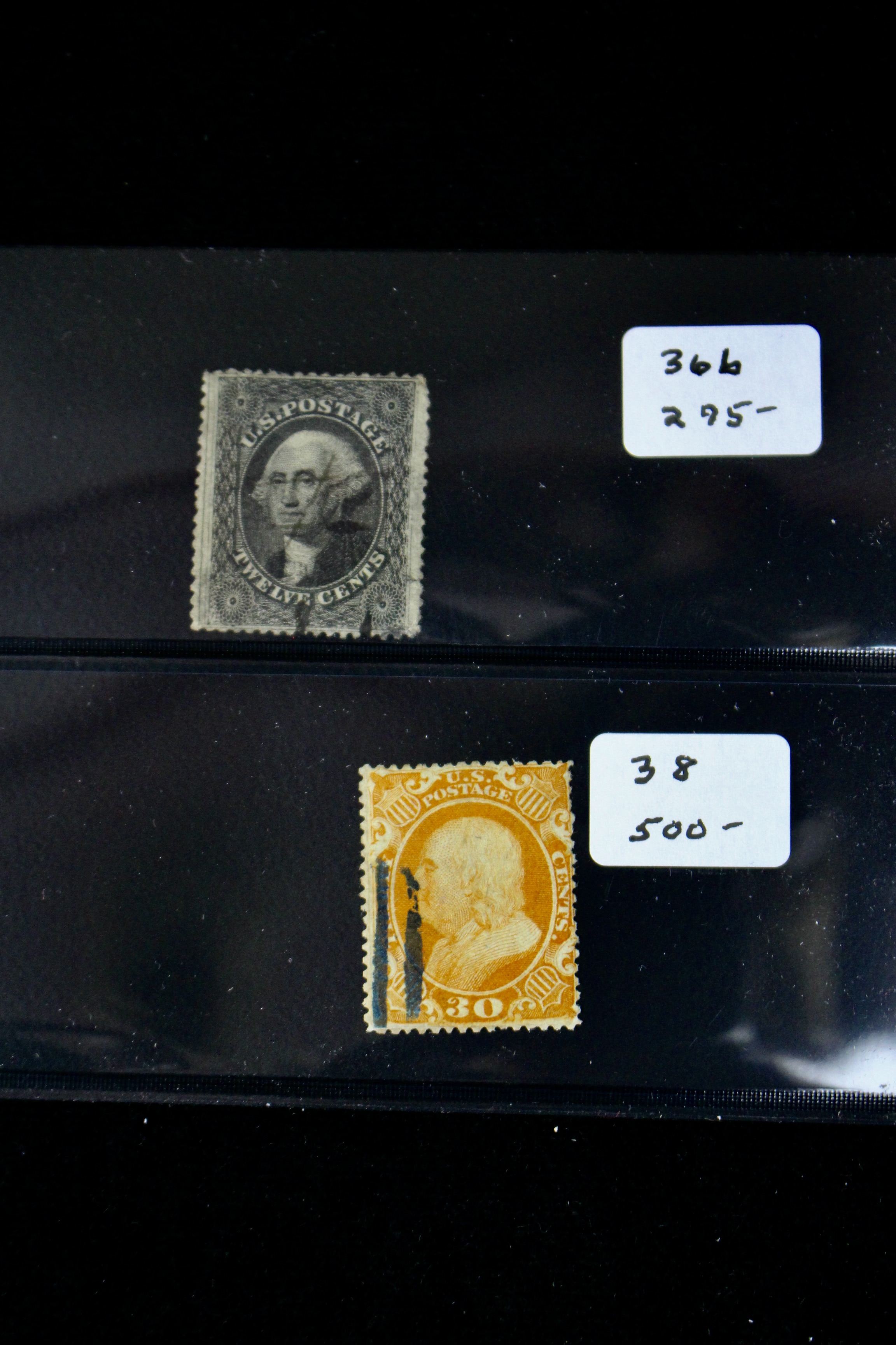 Four Early U.S. Postage Stamps, Scott 36, 36b, 37, and 38