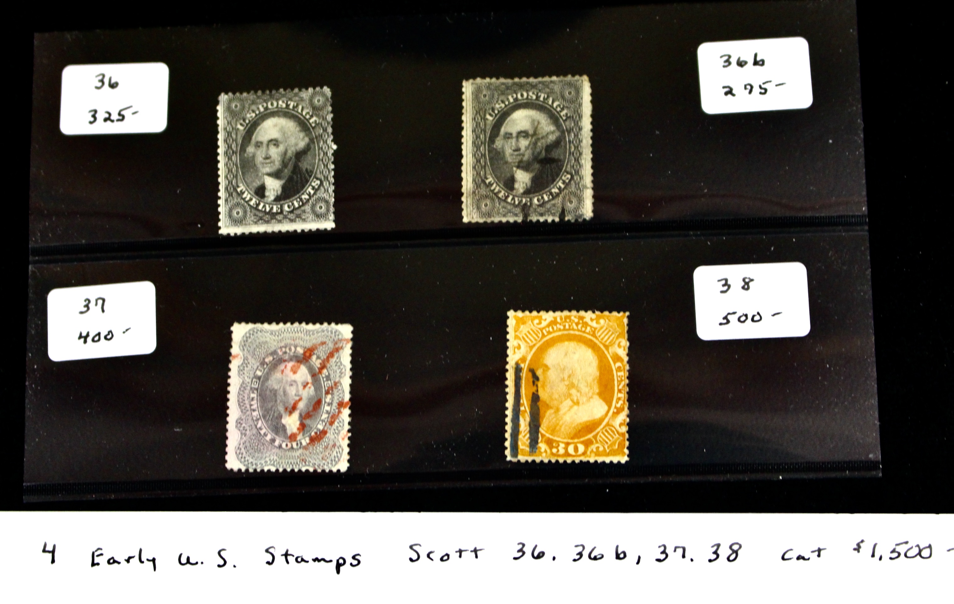 Four Early U.S. Postage Stamps, Scott 36, 36b, 37, and 38