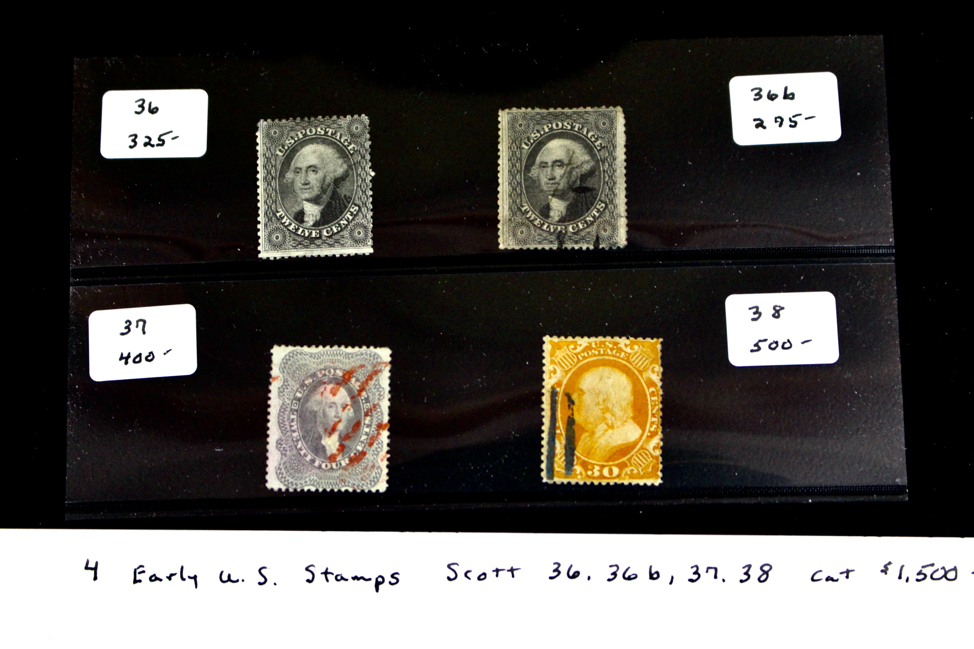 Four Early U.S. Postage Stamps, Scott 36, 36b, 37, and 38