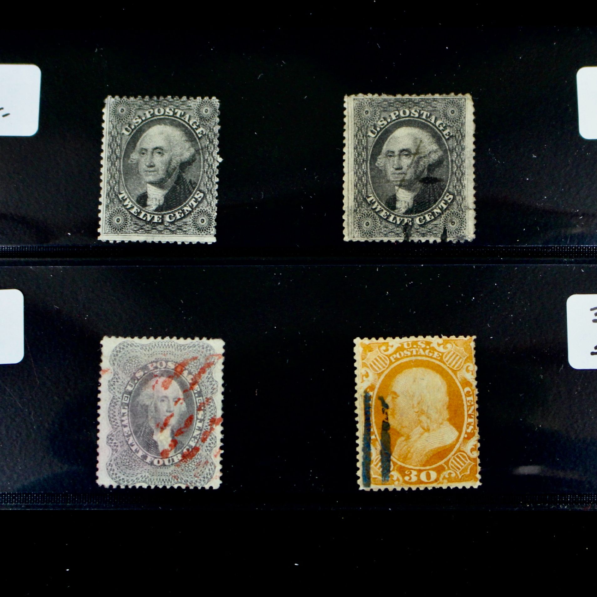 Four Early U.S. Postage Stamps, Scott 36, 36b, 37, and 38