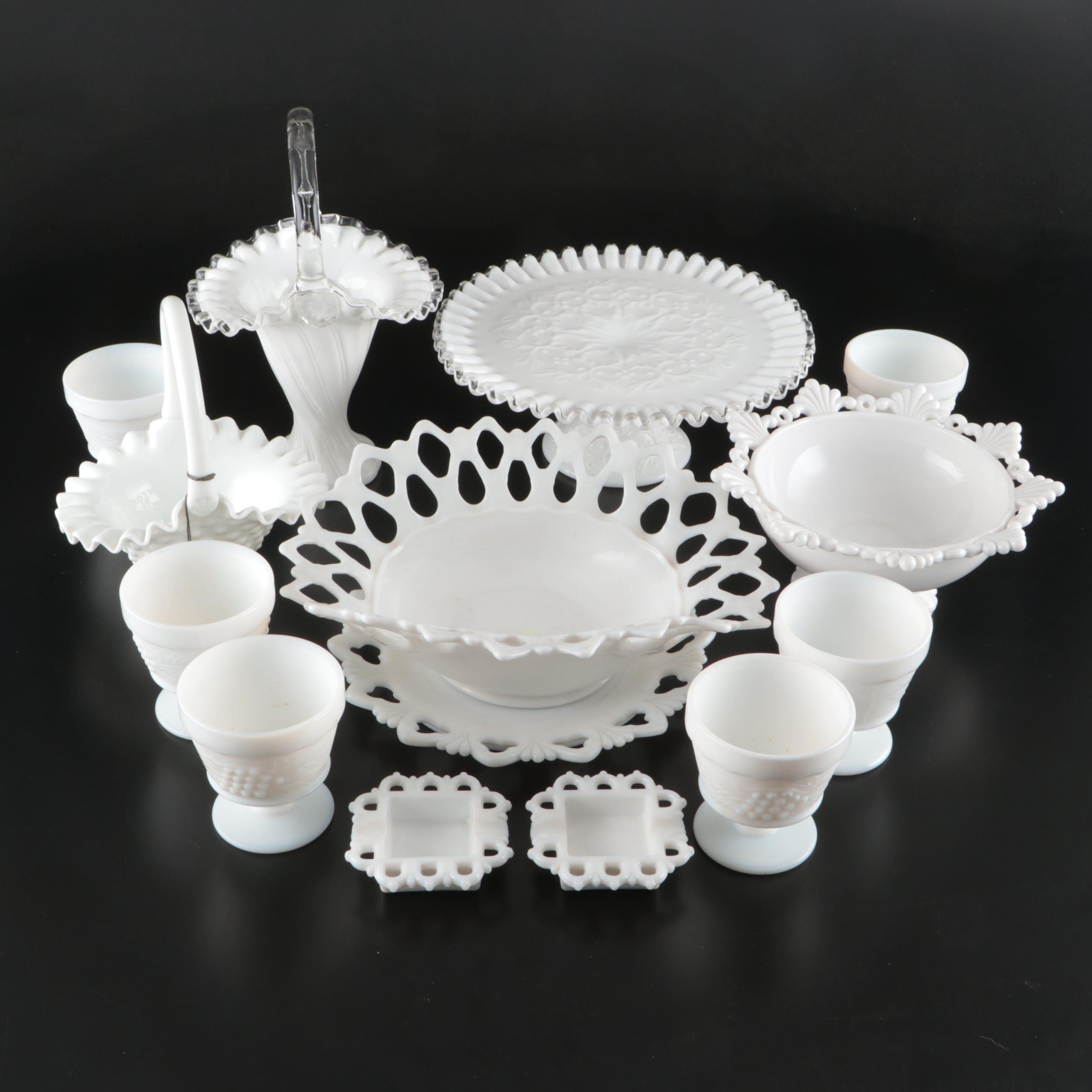 Fenton Milk Glass Basket, Pierceware Milk Glass Bowl, and More Table Accessories