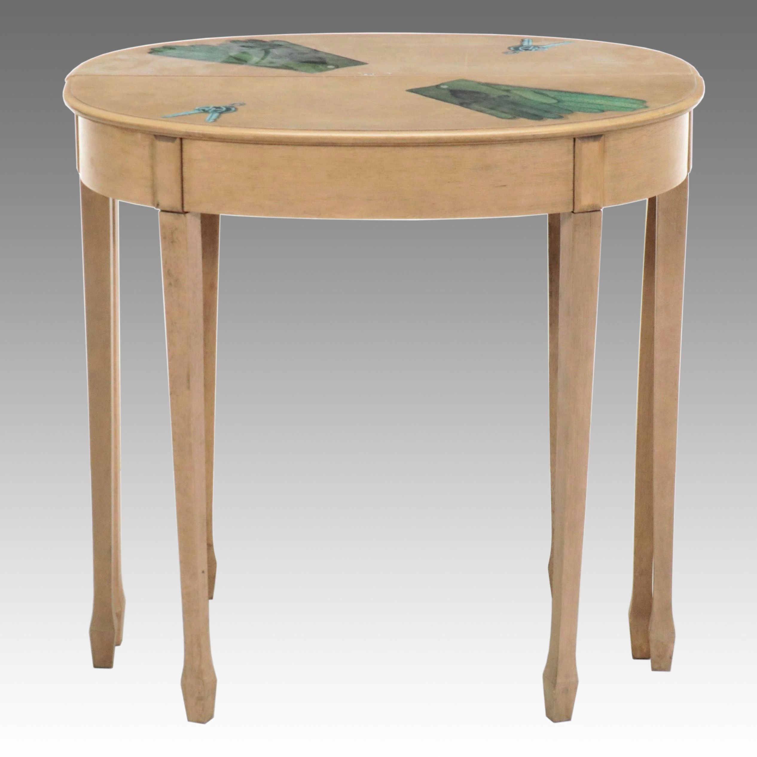 Pair of Bombay Co. Paint-Decorated Demilune Hall Tables