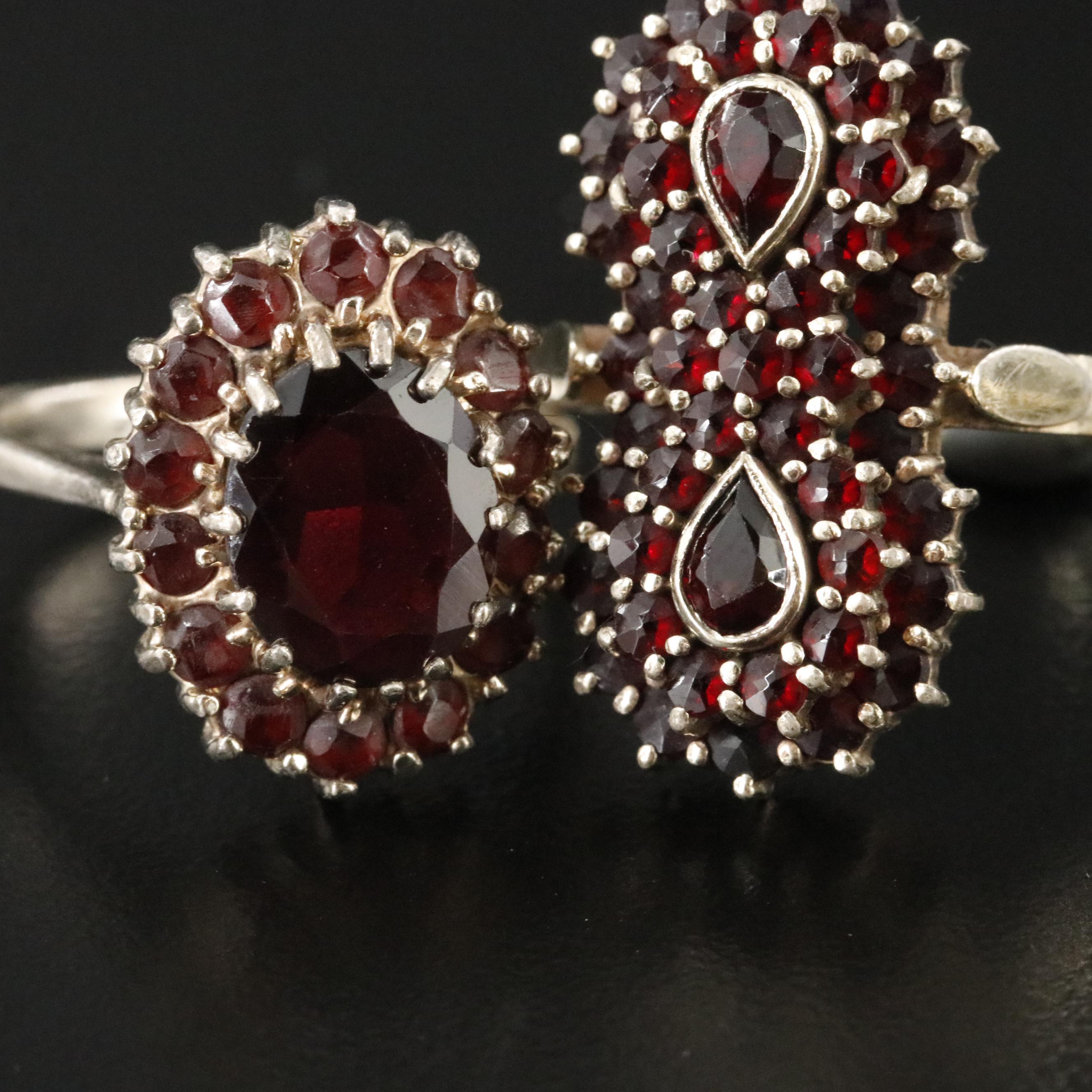 Czech 900 Silver and Sterling Bohemian Garnet Rings Including Vintage