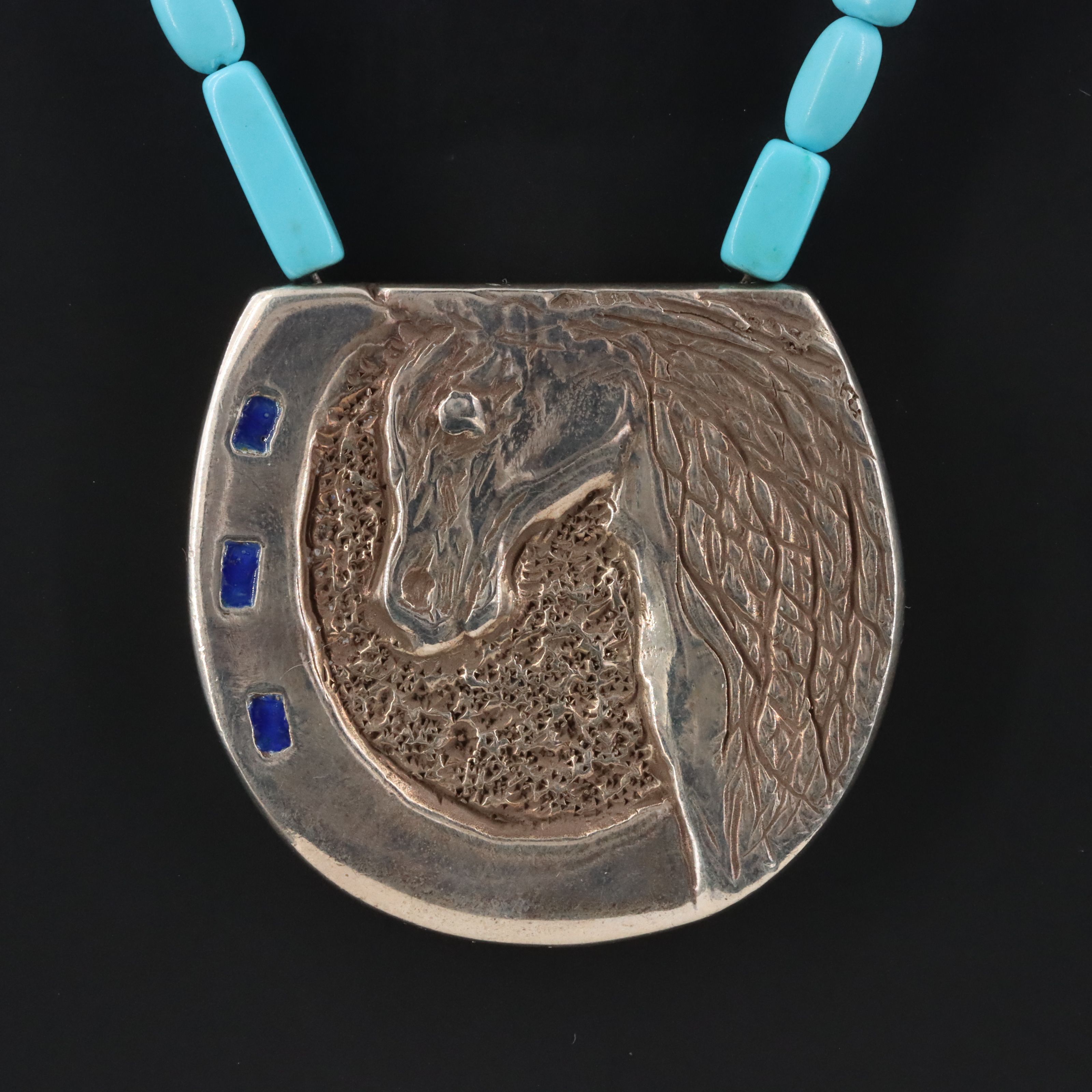 Michel McNabb 950 Silver Turquoise and Enamel Horse Pendant Necklace