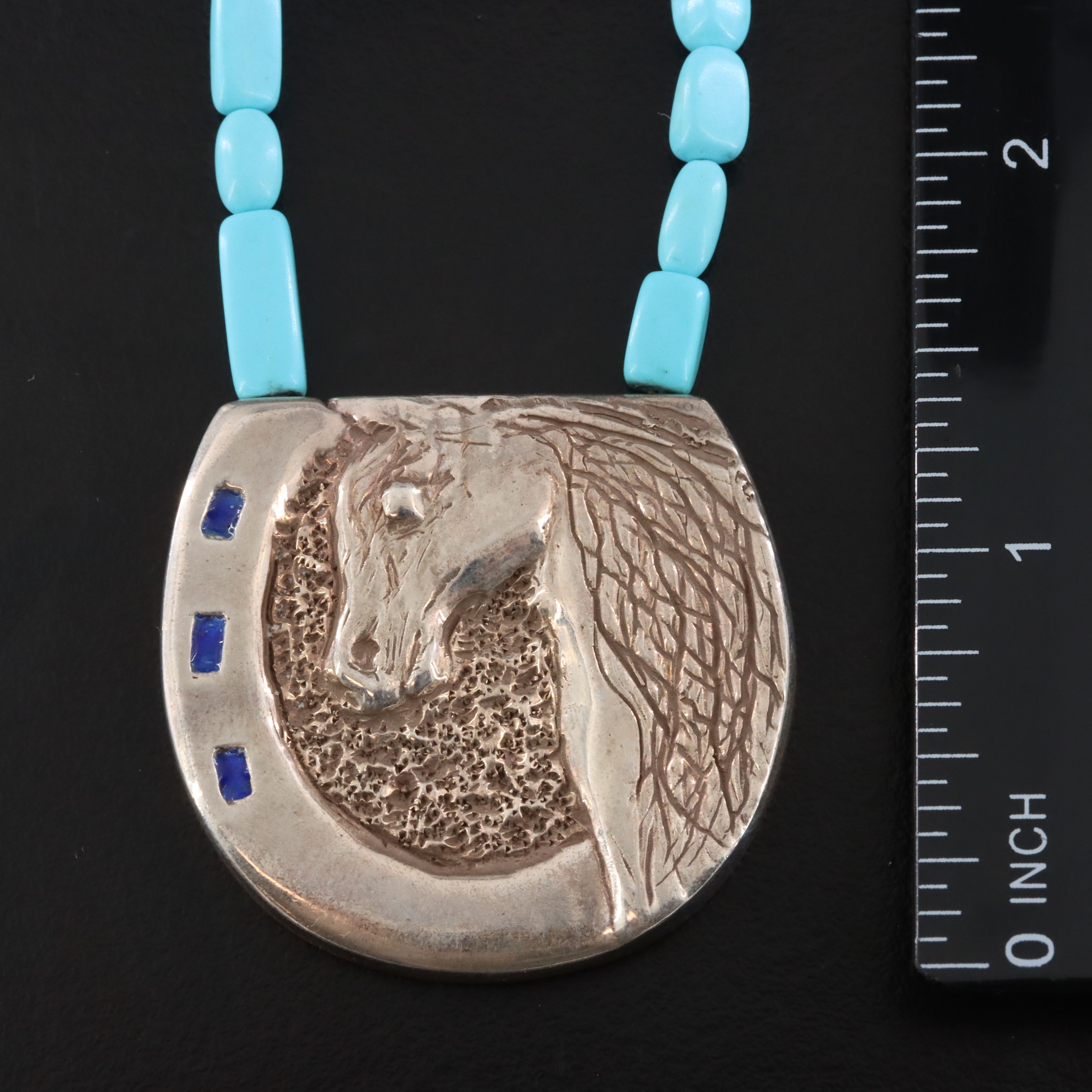 Michel McNabb 950 Silver Turquoise and Enamel Horse Pendant Necklace