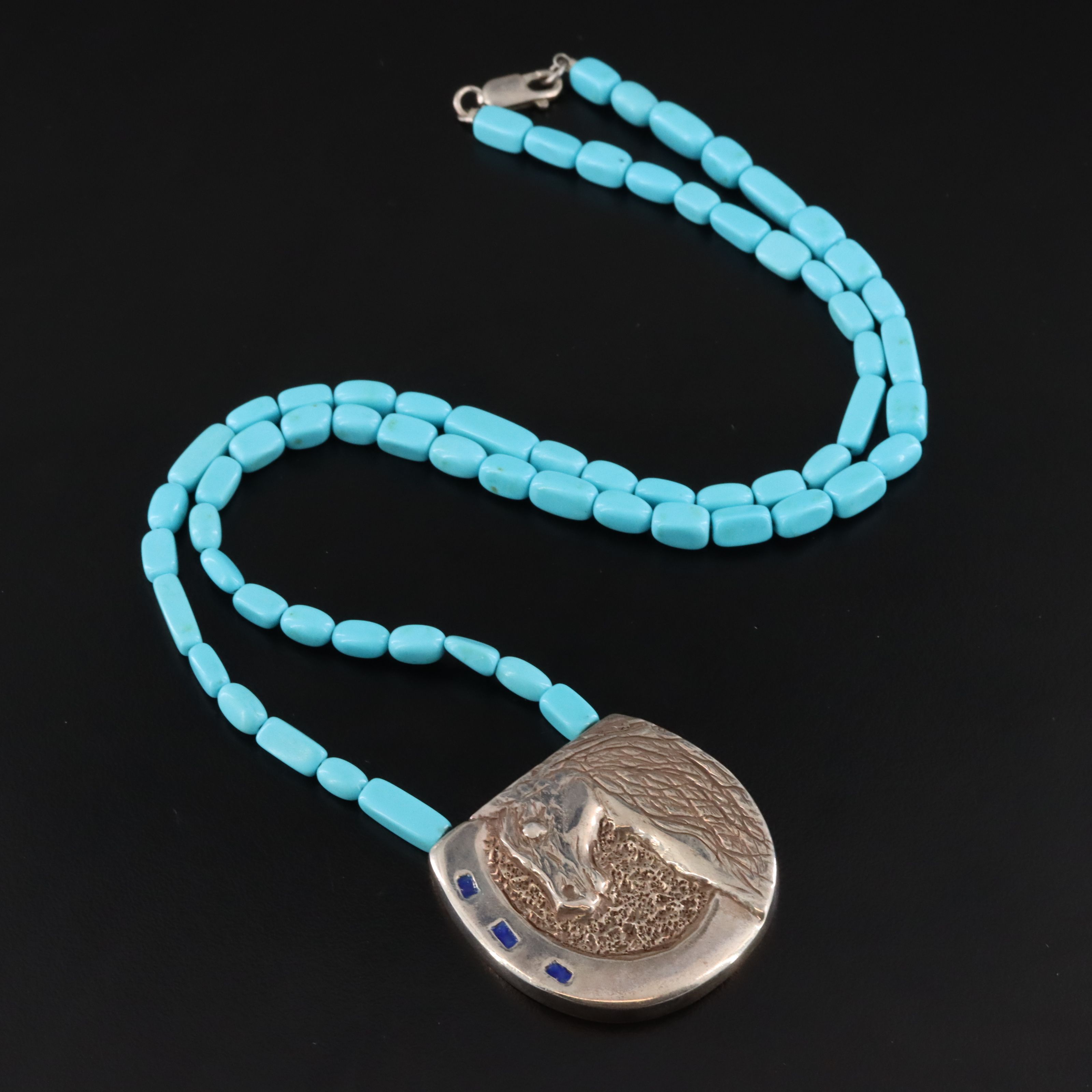 Michel McNabb 950 Silver Turquoise and Enamel Horse Pendant Necklace
