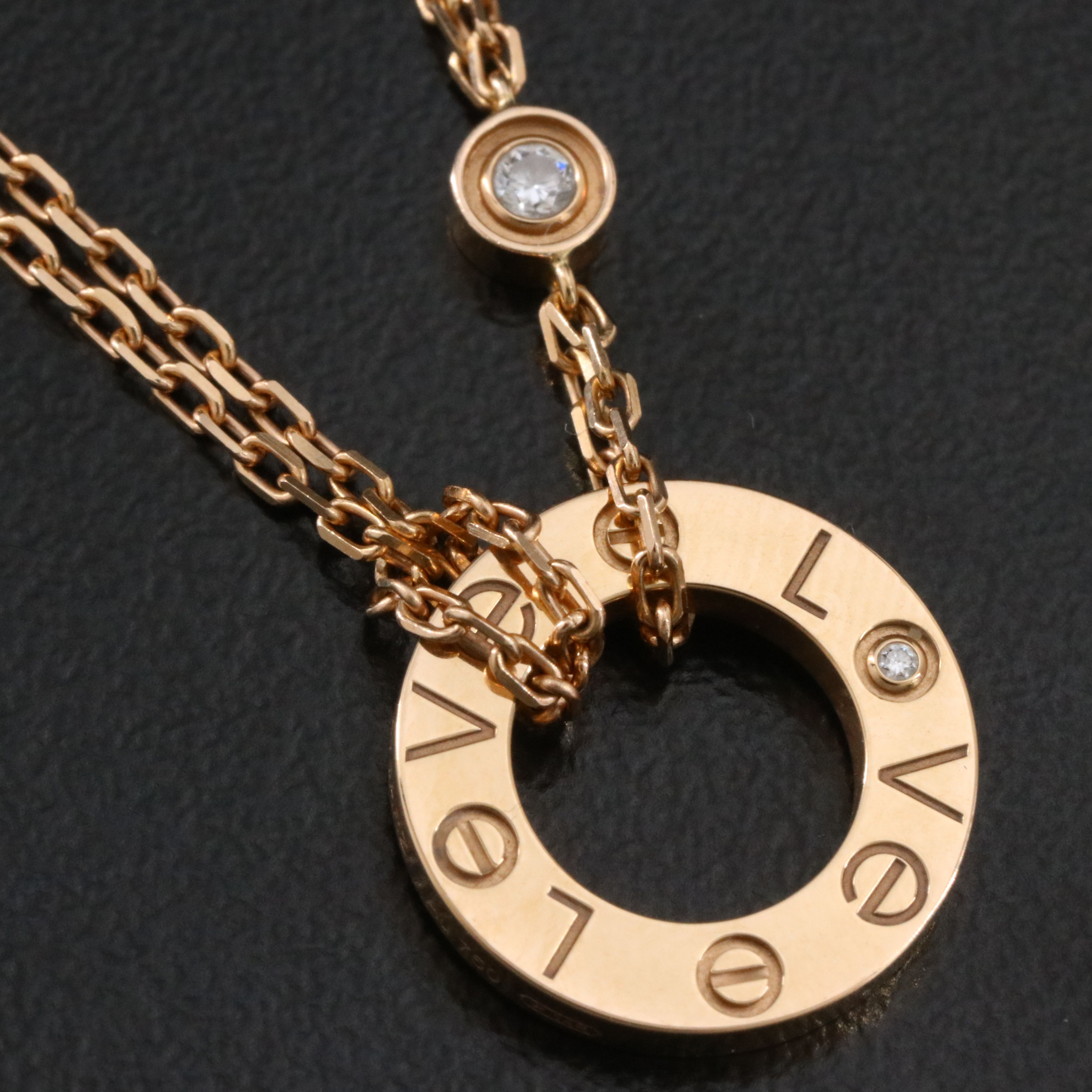 Cartier LOVE 18K Rose Gold 2 Diamond Pendant Necklace with COA