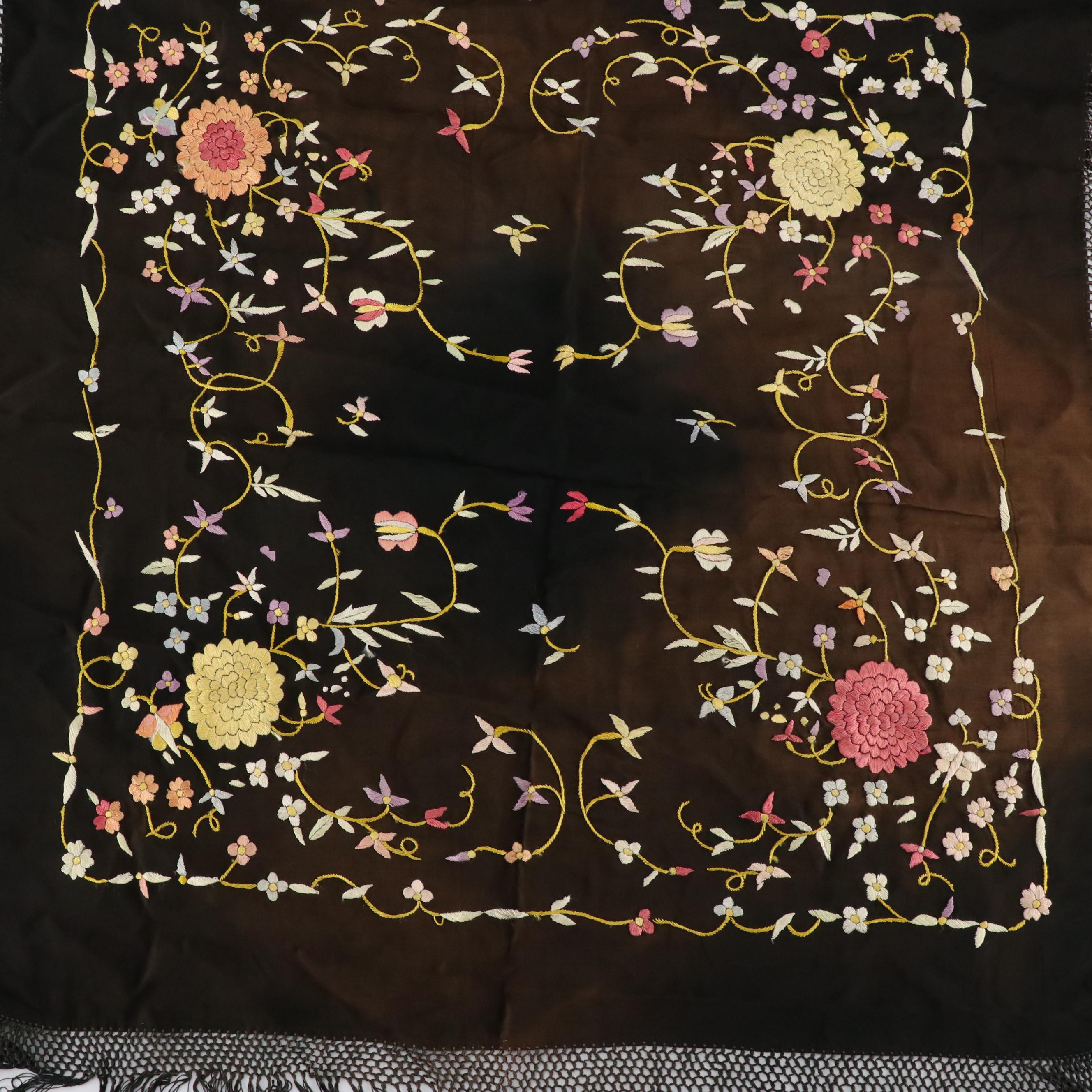 Multicolor Embroidered Shawl with Macramé Fringe