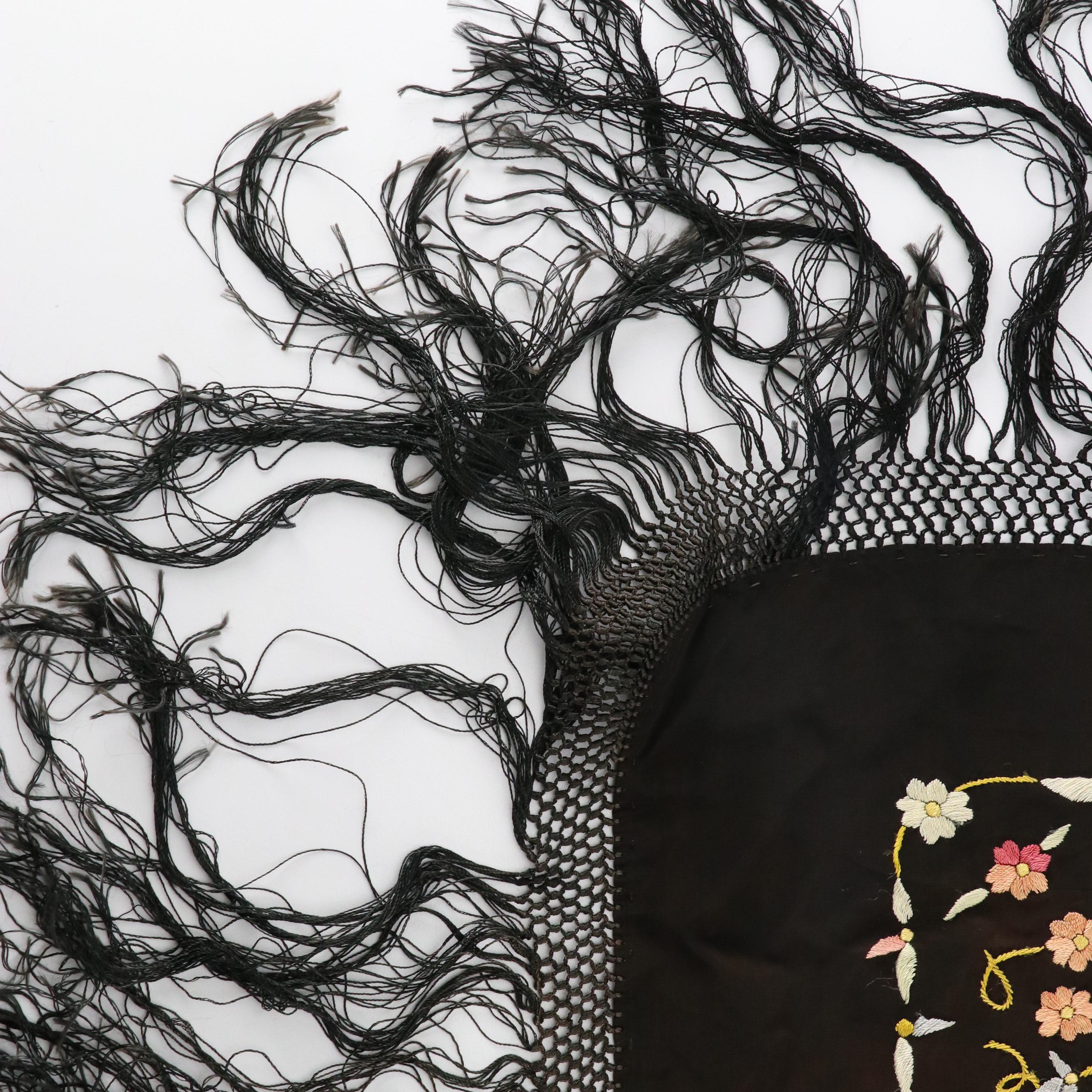 Multicolor Embroidered Shawl with Macramé Fringe