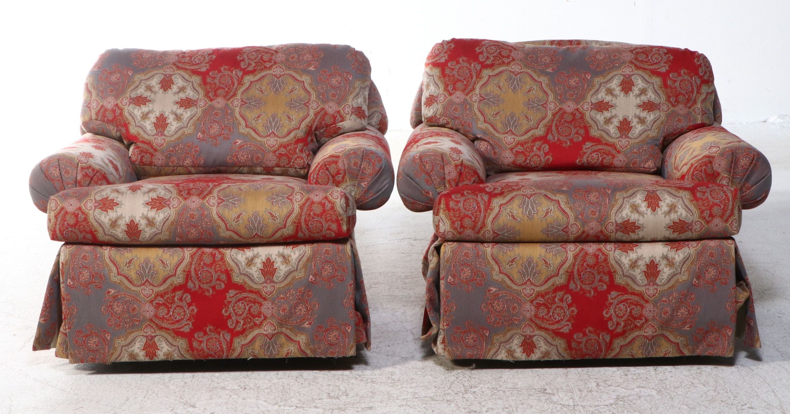 Pair of Overstuffed Upholstered Swivel Armchairs