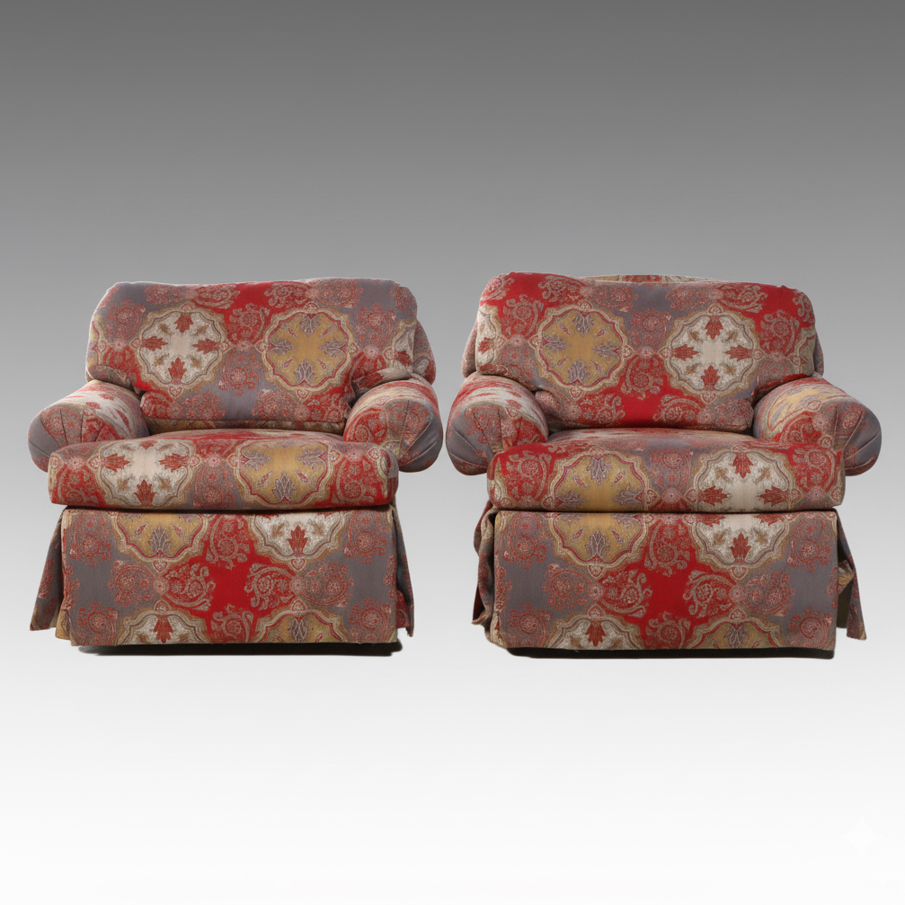 Pair of Overstuffed Upholstered Swivel Armchairs