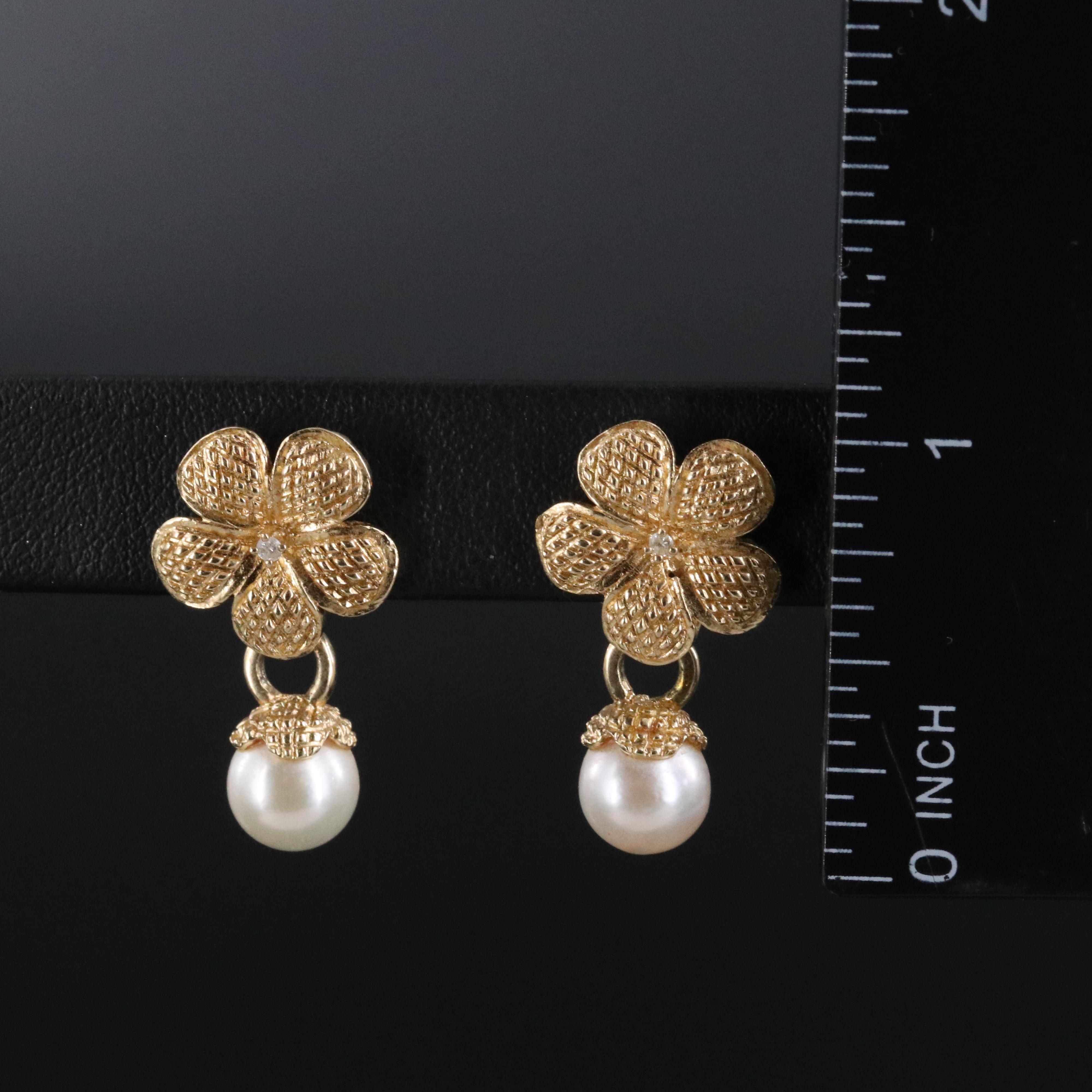 14K Pearl and Diamond Drop Earrings