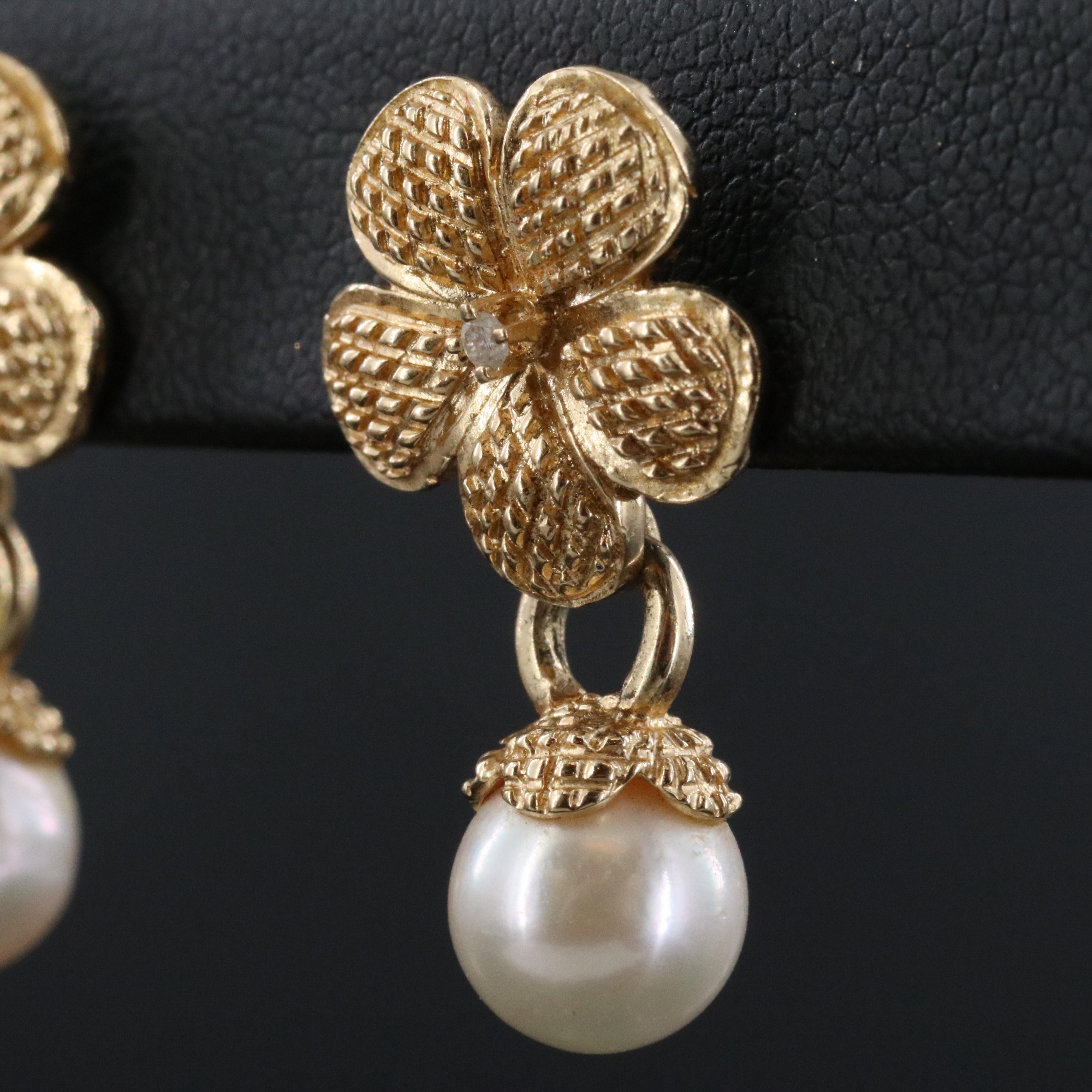 14K Pearl and Diamond Drop Earrings