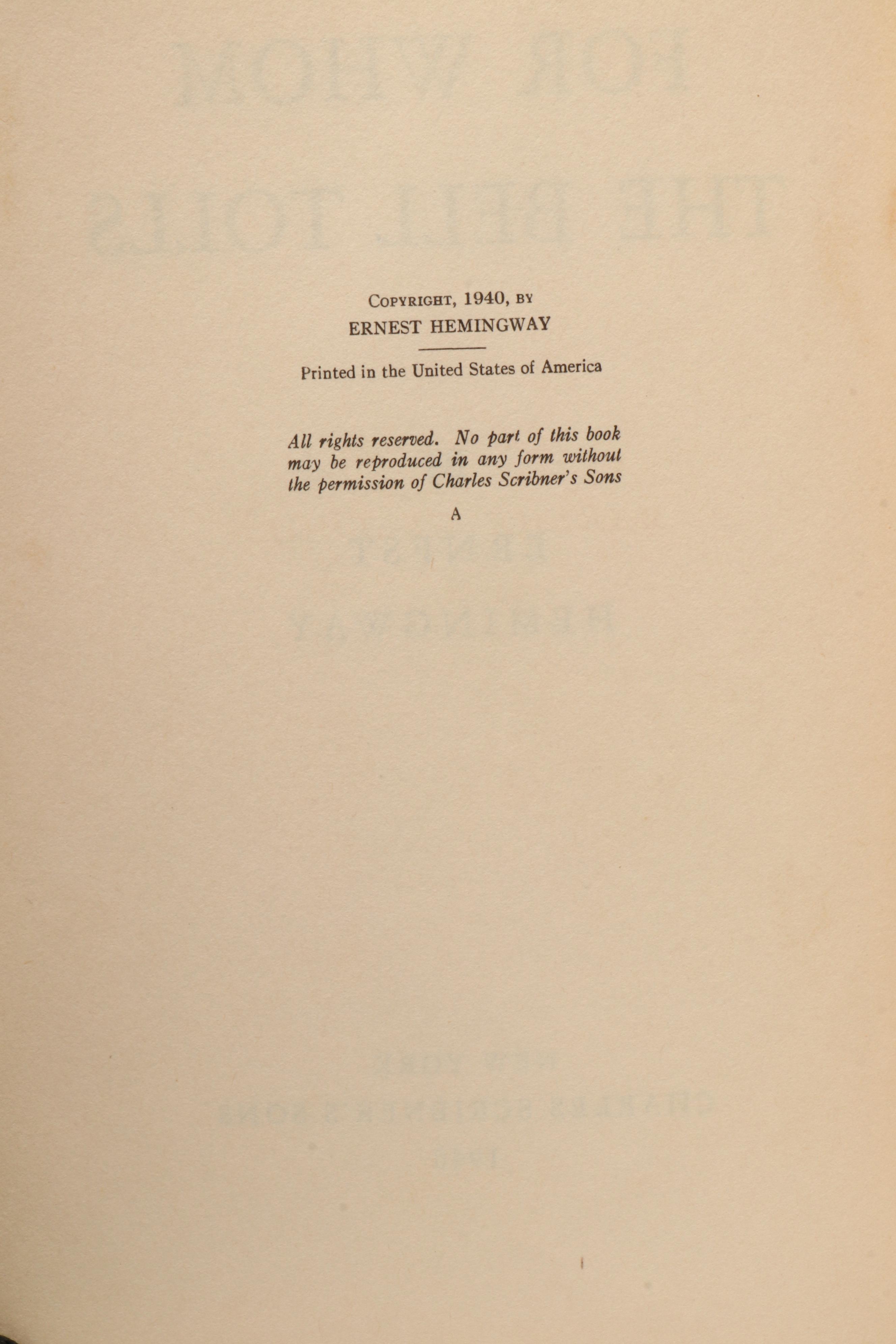 First Edition "For Whom the Bell Tolls" by Ernest Hemingway, 1940