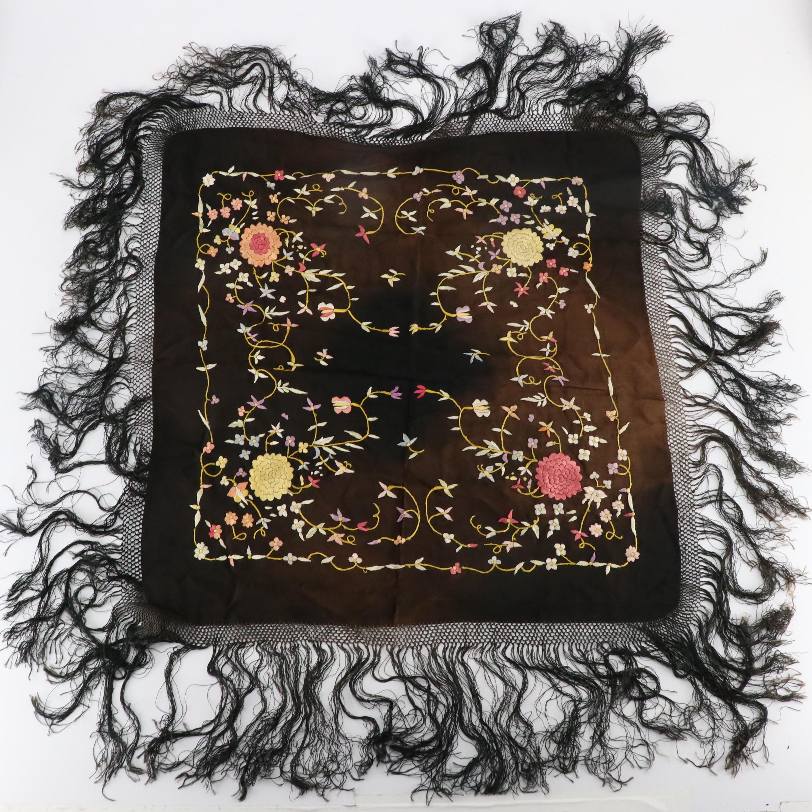 Multicolor Embroidered Shawl with Macramé Fringe