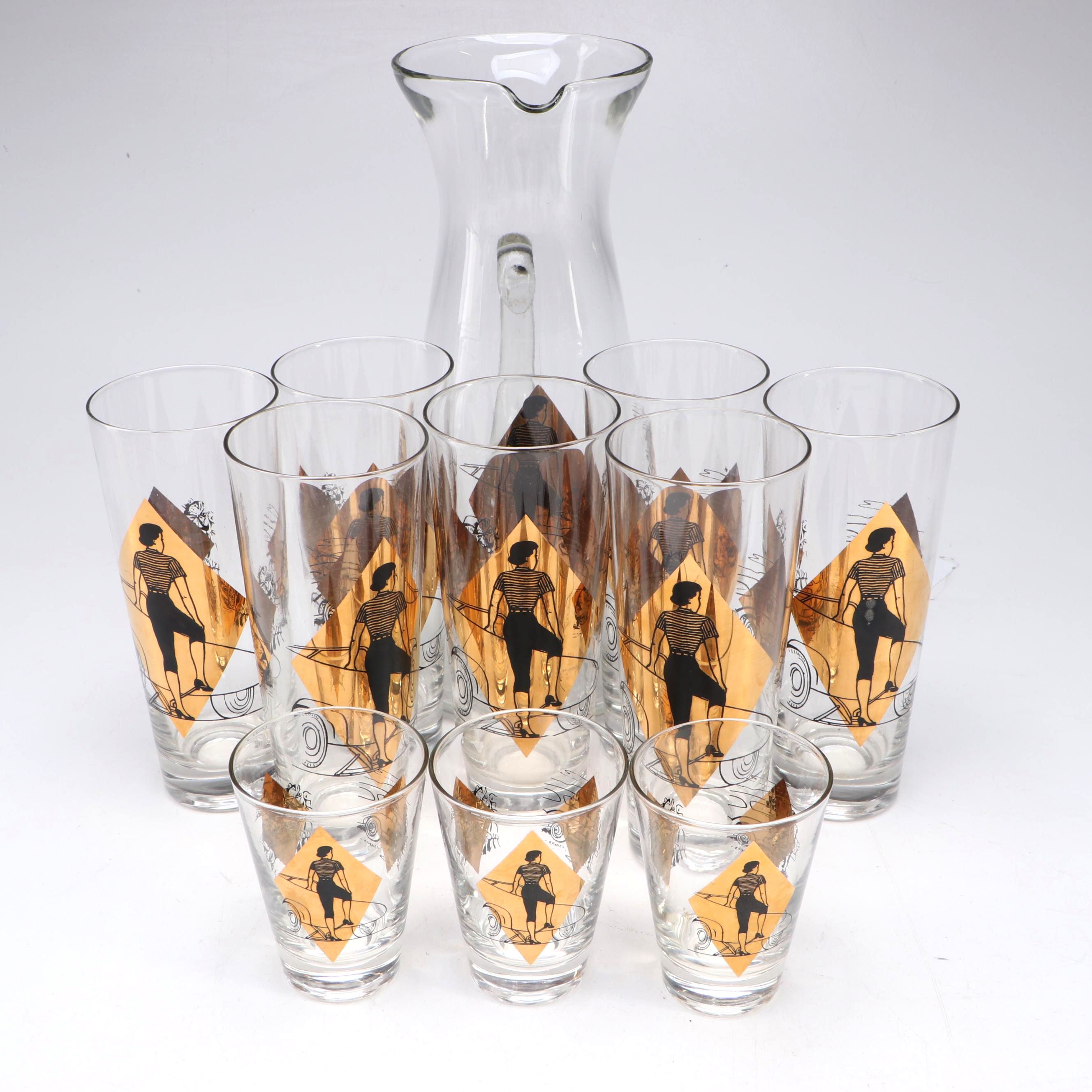 Mid Century Modern Style Black and Gold Car-Themed Pitcher and Cocktail Glasses