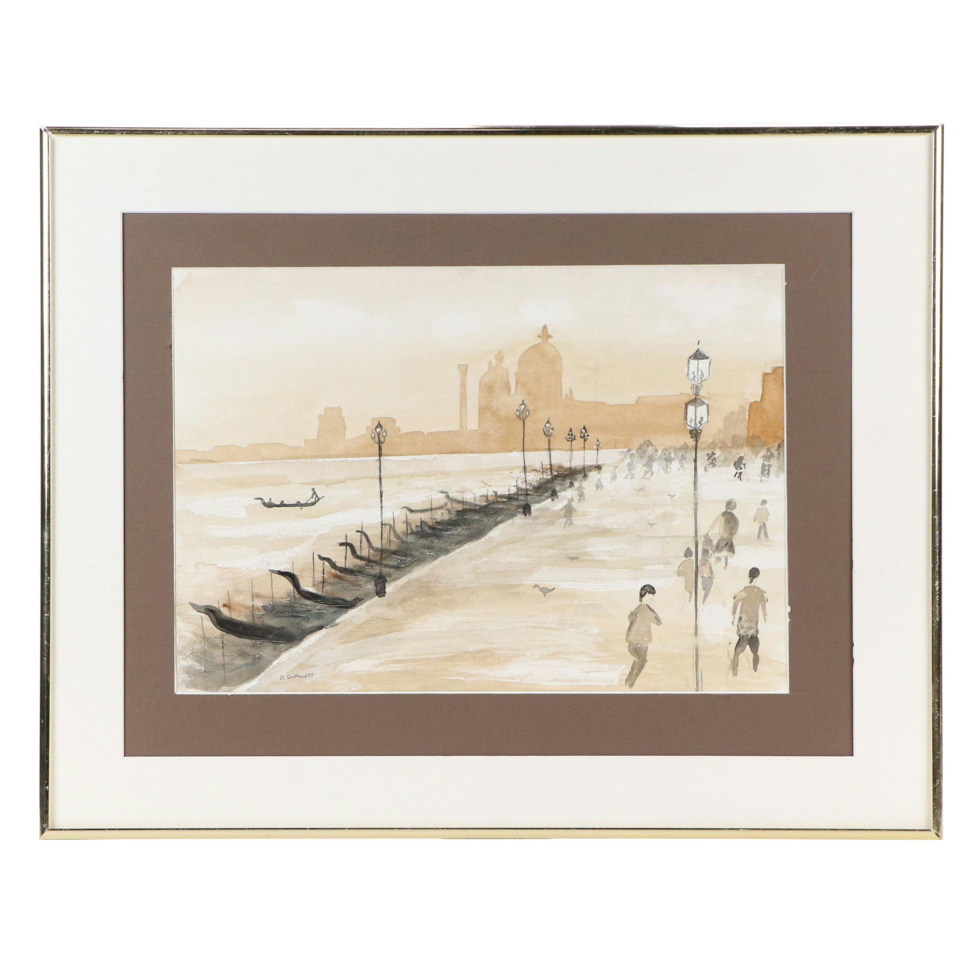 D. DeMeo Watercolor Painting of Venetian Lagoon and Gondolas, 1997