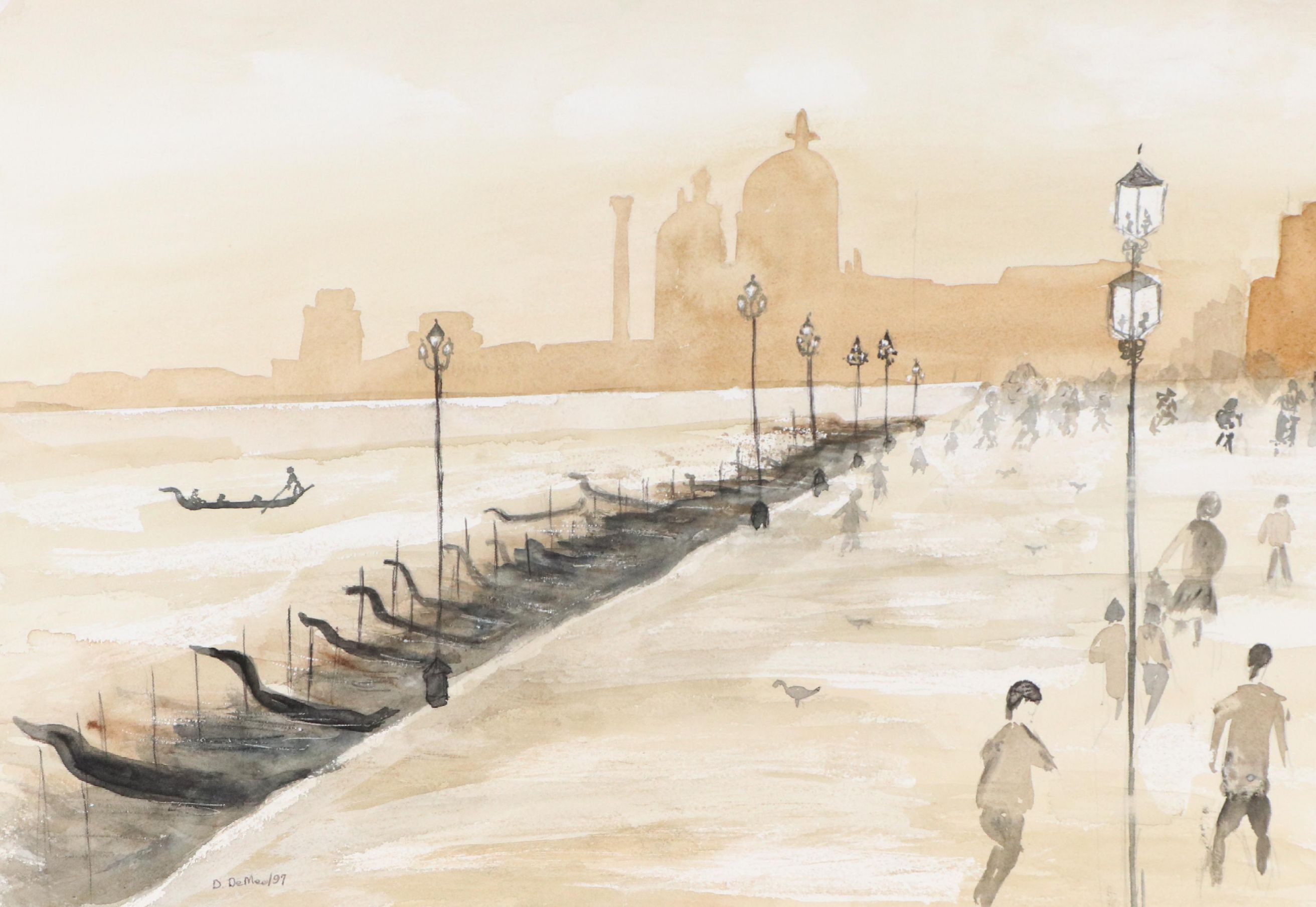 D. DeMeo Watercolor Painting of Venetian Lagoon and Gondolas, 1997
