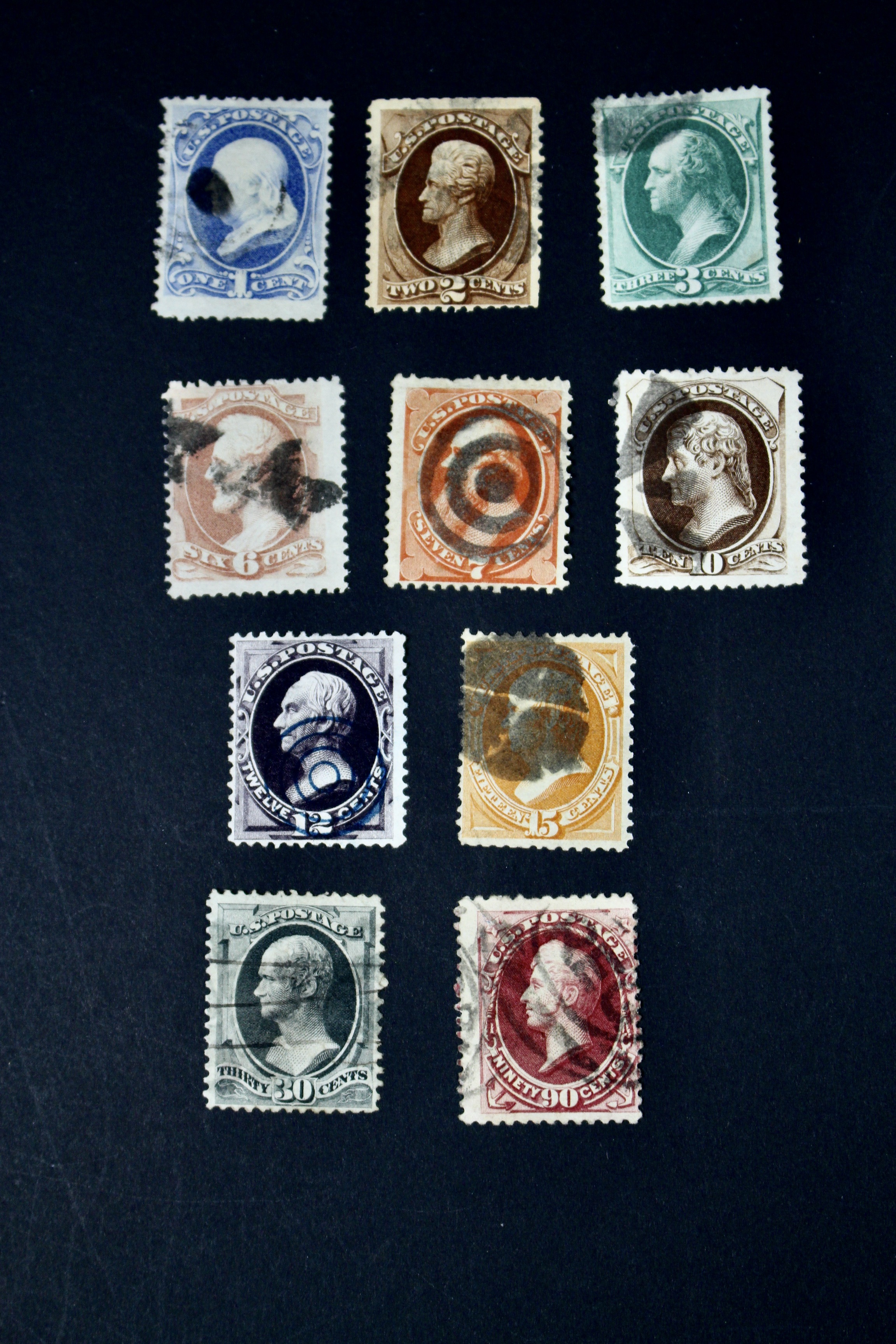 Ten Different 1873 U.S. Postage Stamp Issues, Scott 156 to 166