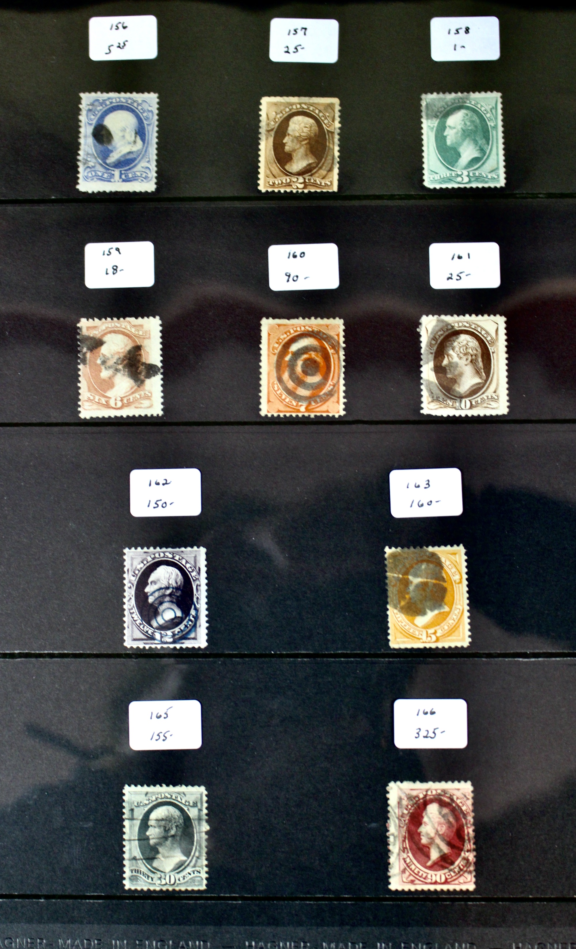 Ten Different 1873 U.S. Postage Stamp Issues, Scott 156 to 166