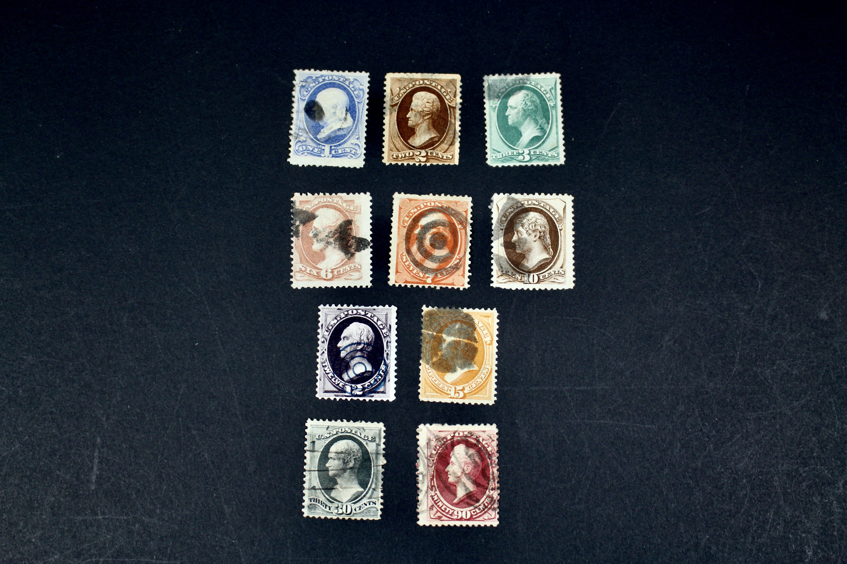 Ten Different 1873 U.S. Postage Stamp Issues, Scott 156 to 166