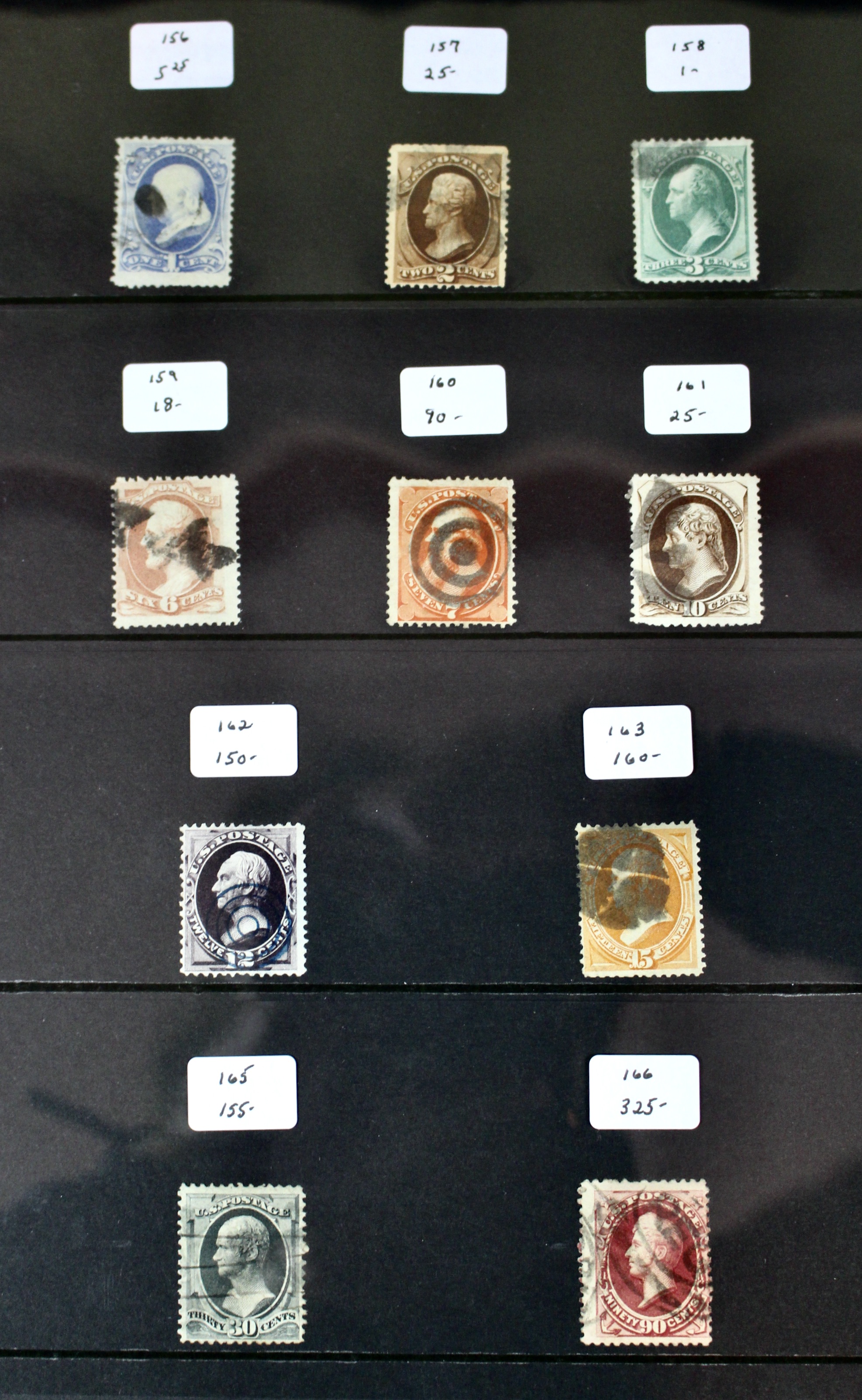 Ten Different 1873 U.S. Postage Stamp Issues, Scott 156 to 166