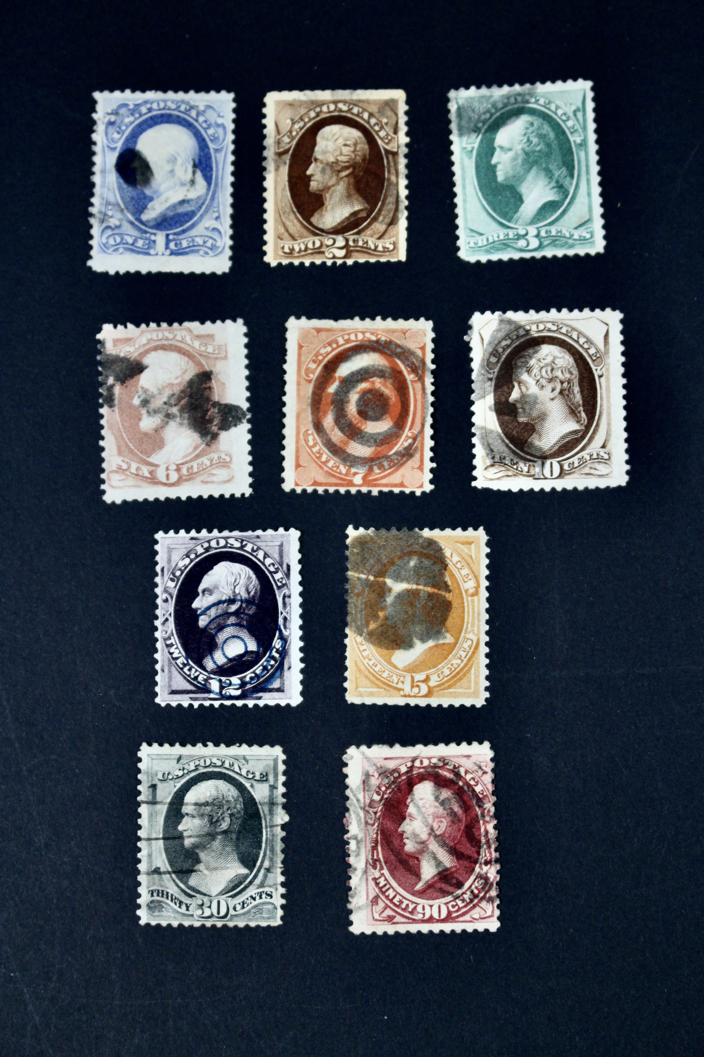 Ten Different 1873 U.S. Postage Stamp Issues, Scott 156 to 166