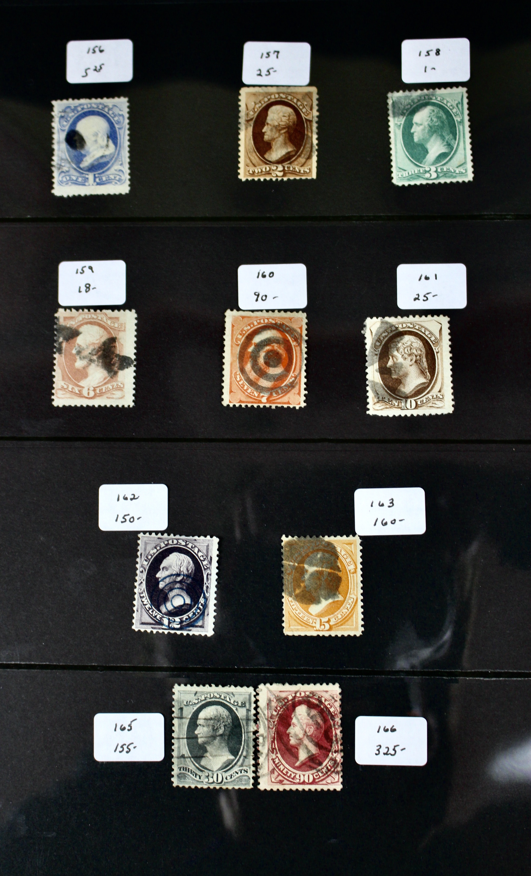 Ten Different 1873 U.S. Postage Stamp Issues, Scott 156 to 166