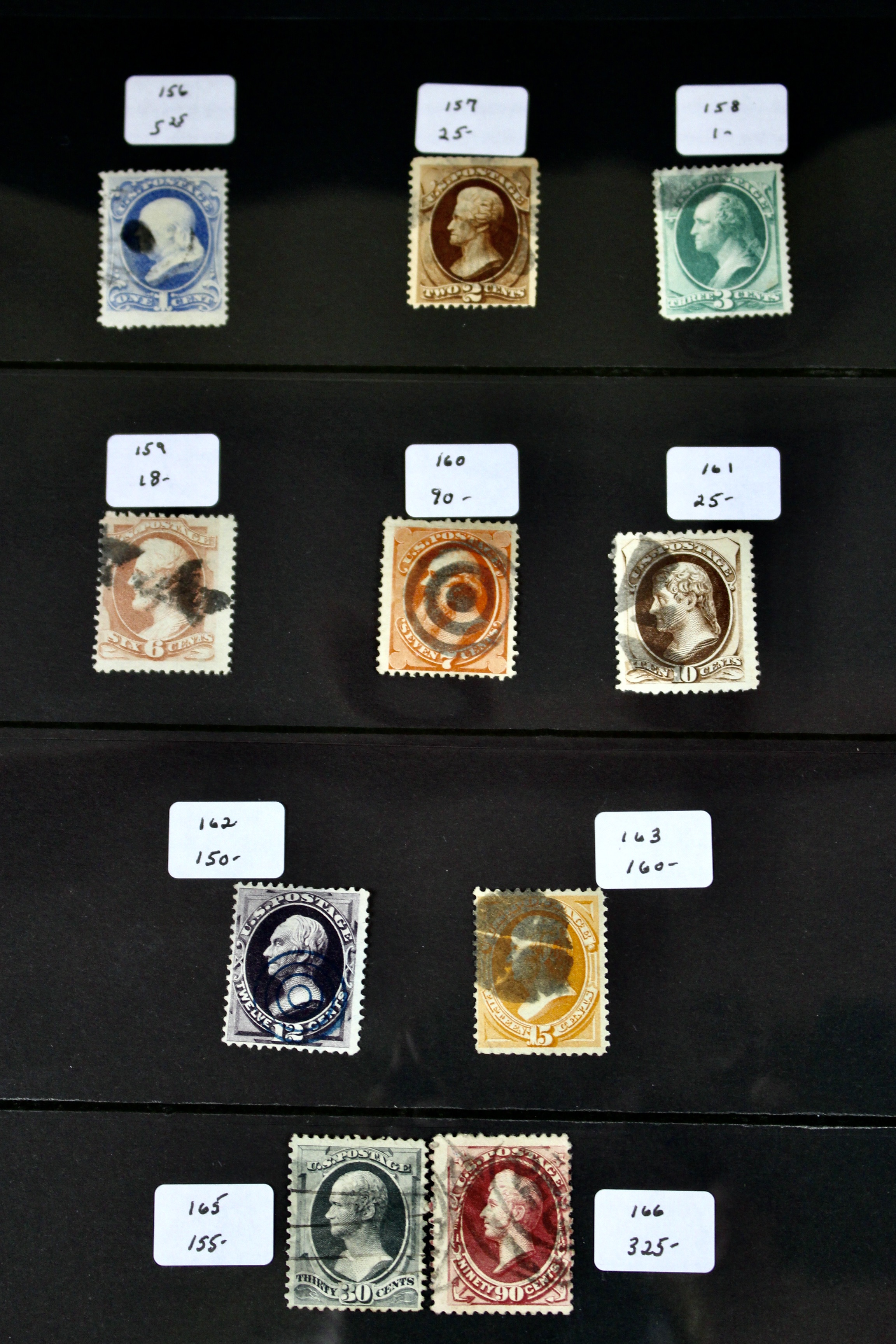 Ten Different 1873 U.S. Postage Stamp Issues, Scott 156 to 166