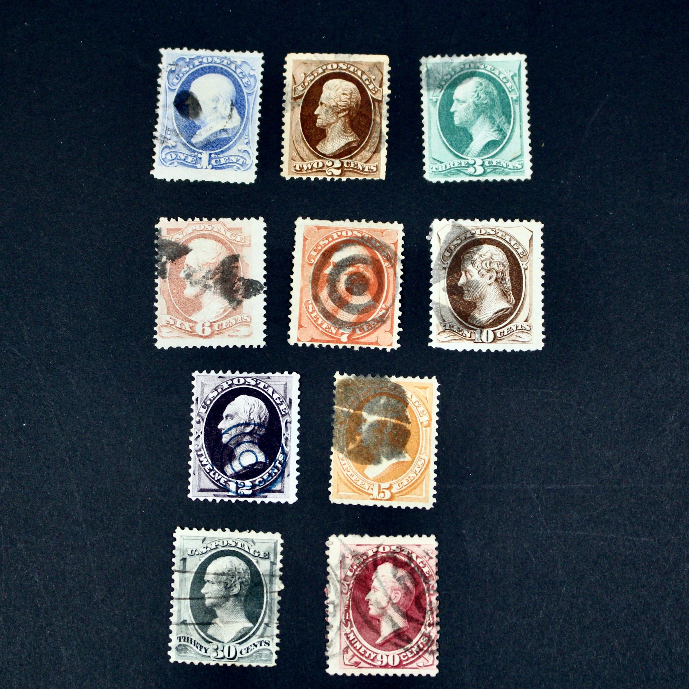 Ten Different 1873 U.S. Postage Stamp Issues, Scott 156 to 166