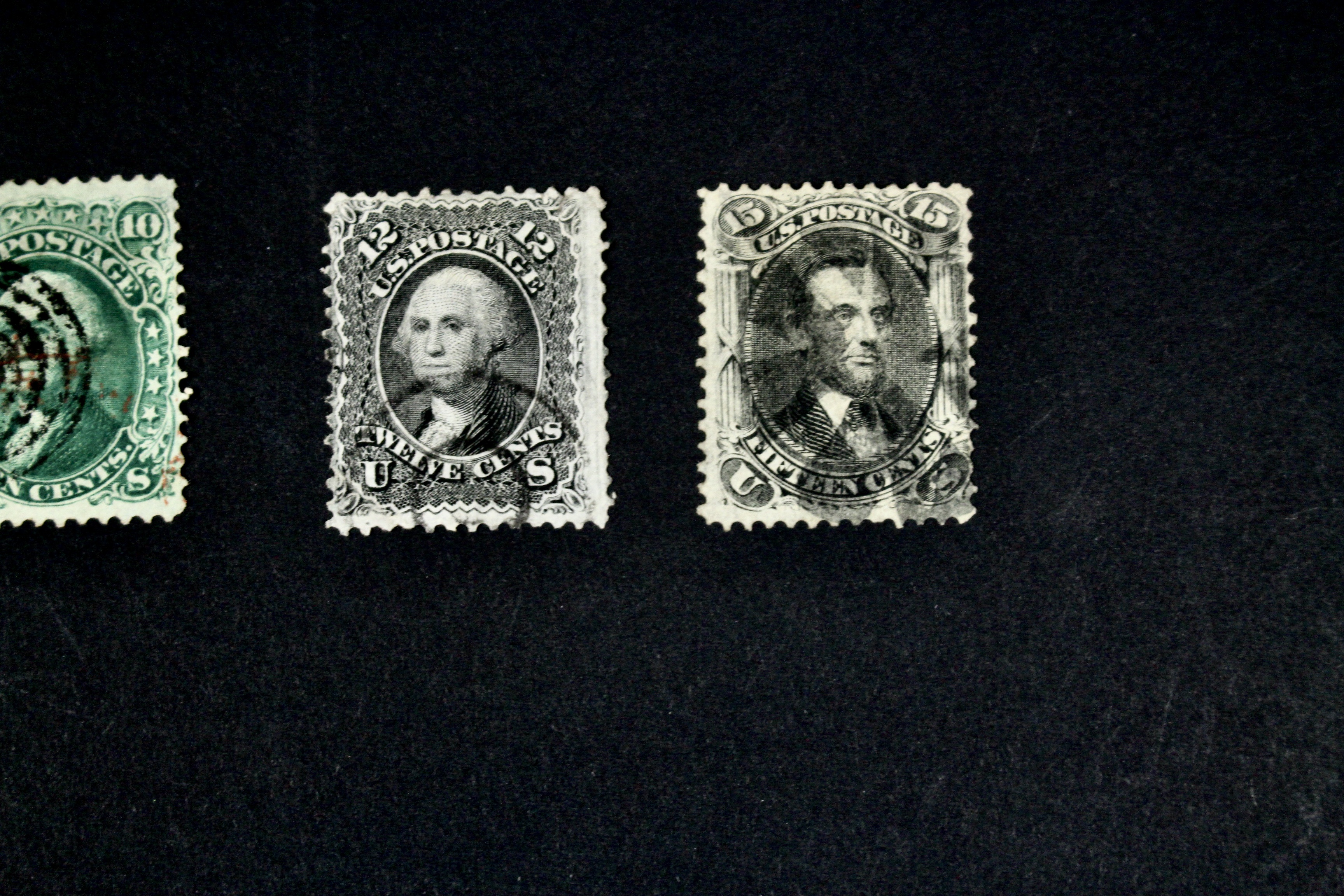 Four 1867 U.S. Postage Stamps with F Grill